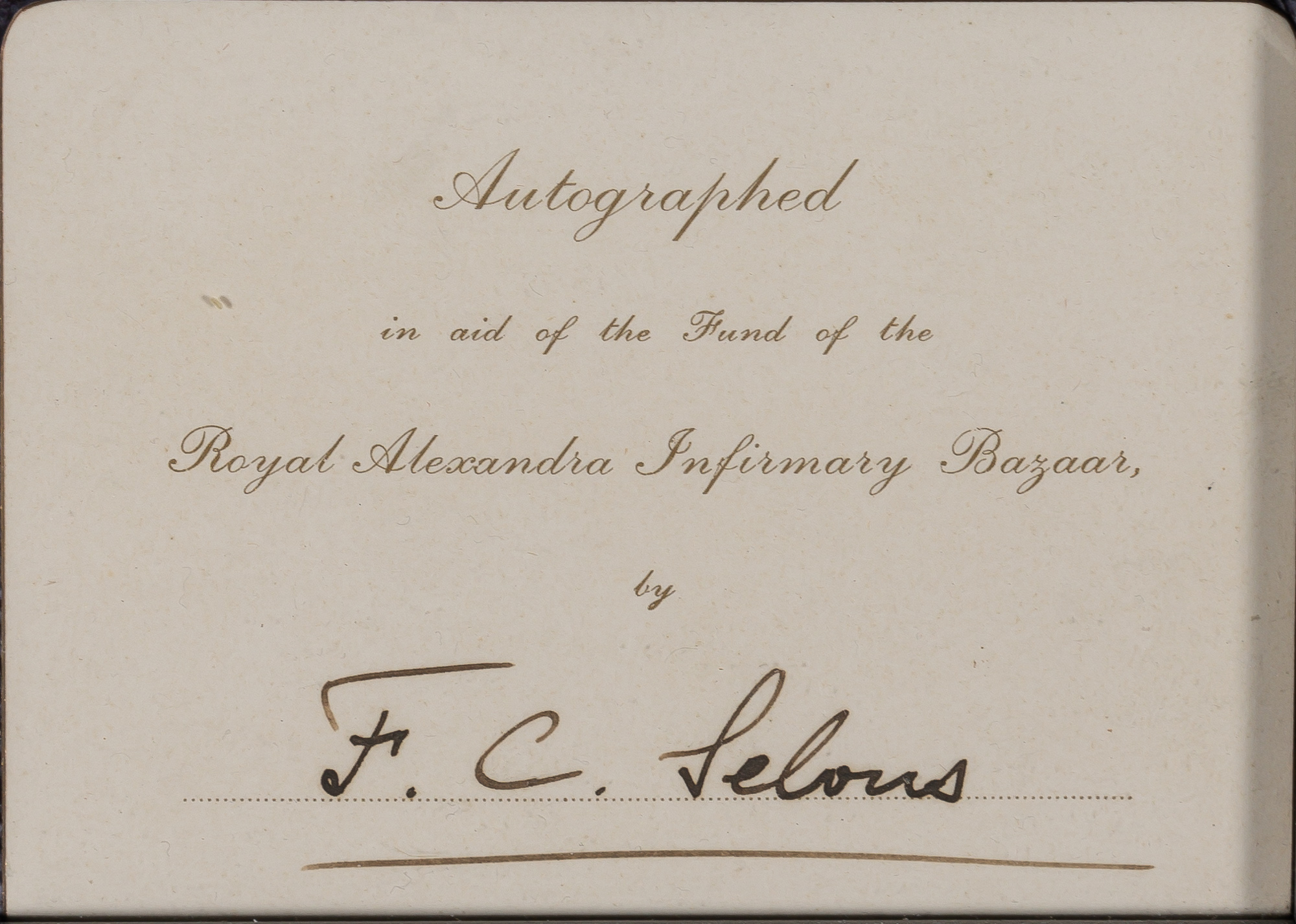 Lot image - SELOUS, FREDERICK COURTENEY  Signed card, framed, together with a collection of nine books by the author.