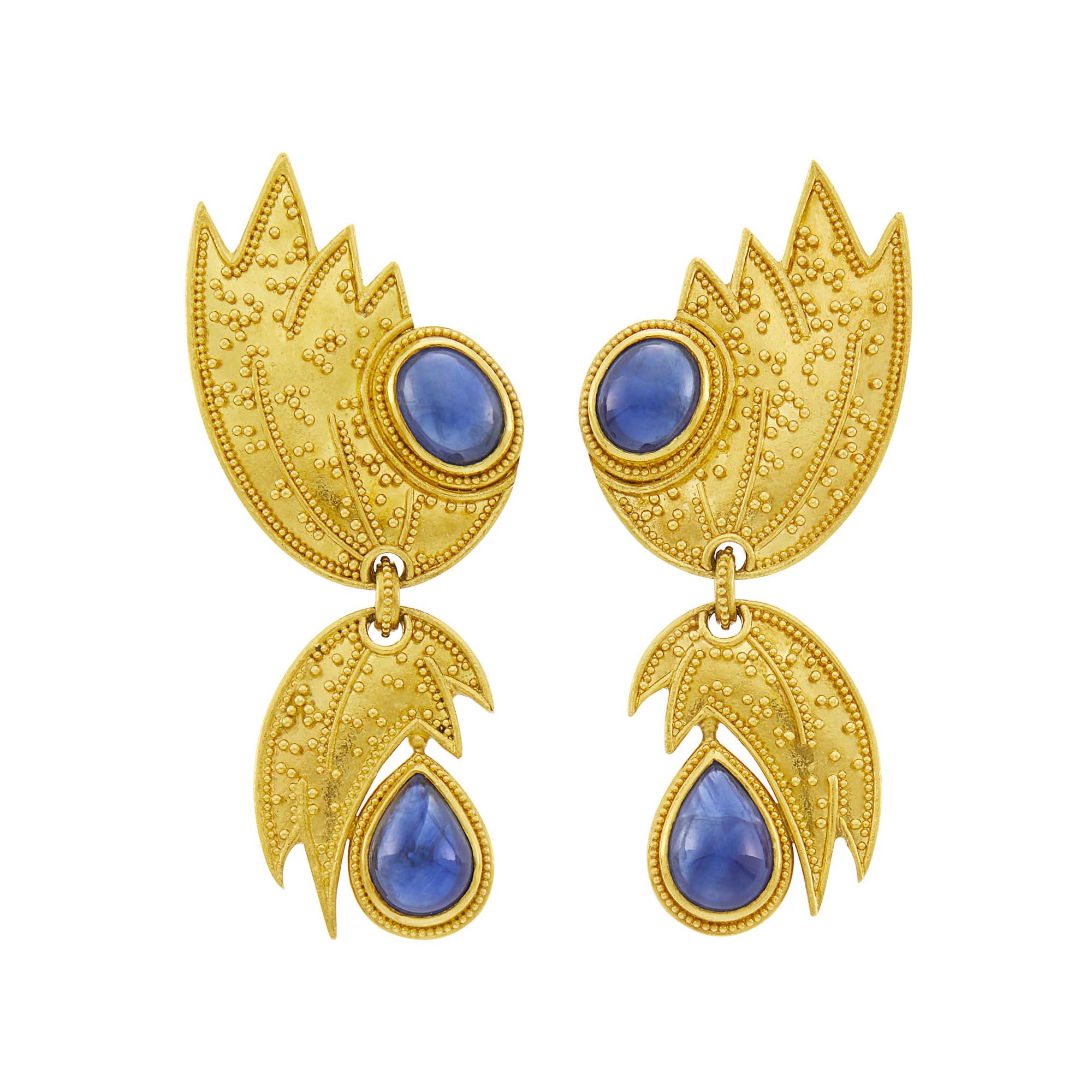 Lot image - Felix Luna Pair of Gold, High Karat Gold and Cabochon Sapphire Pendant-Earrings