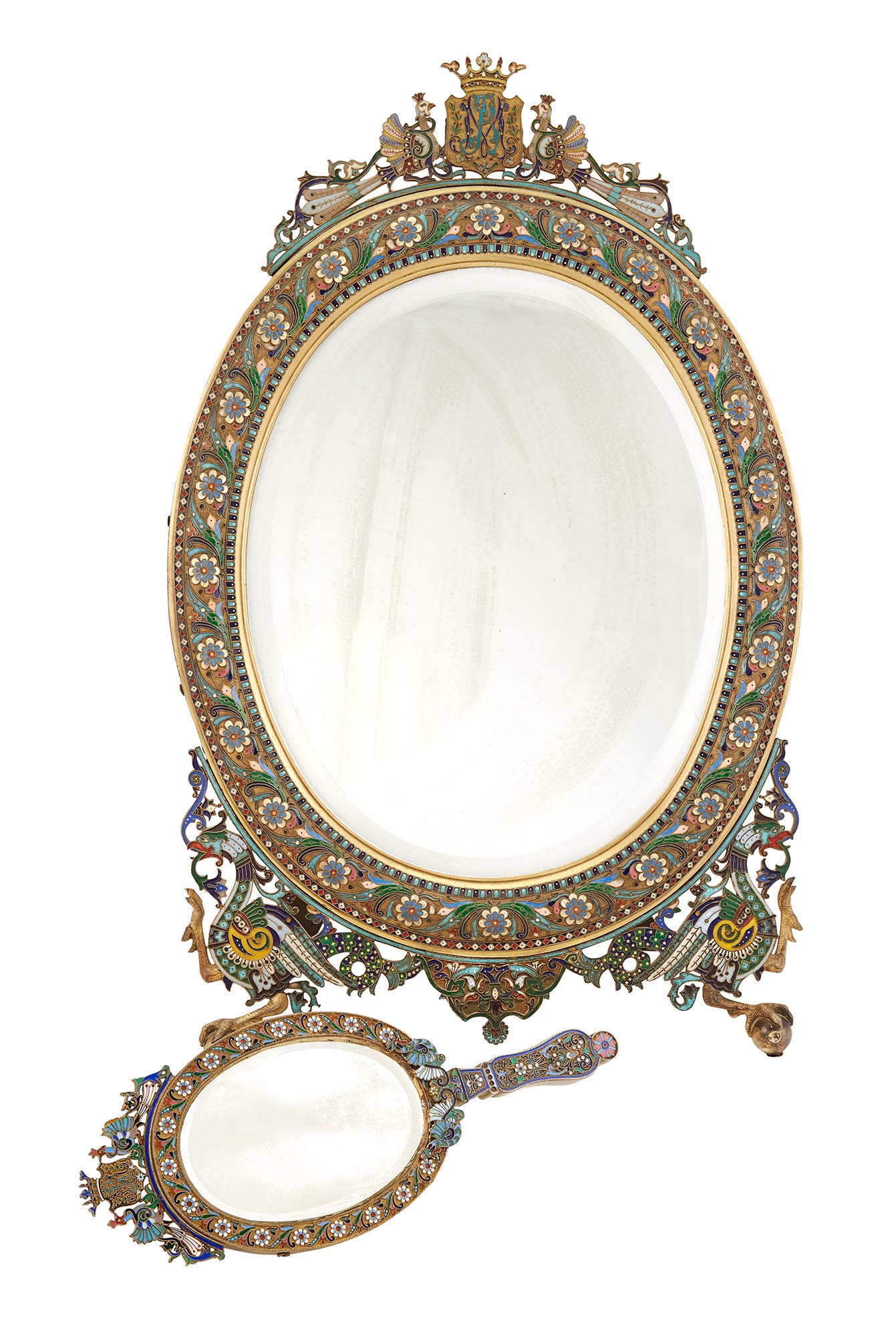 Lot image - Russian Silver-Gilt and Cloisonné Enamel Large Table Mirror and Hand Mirror