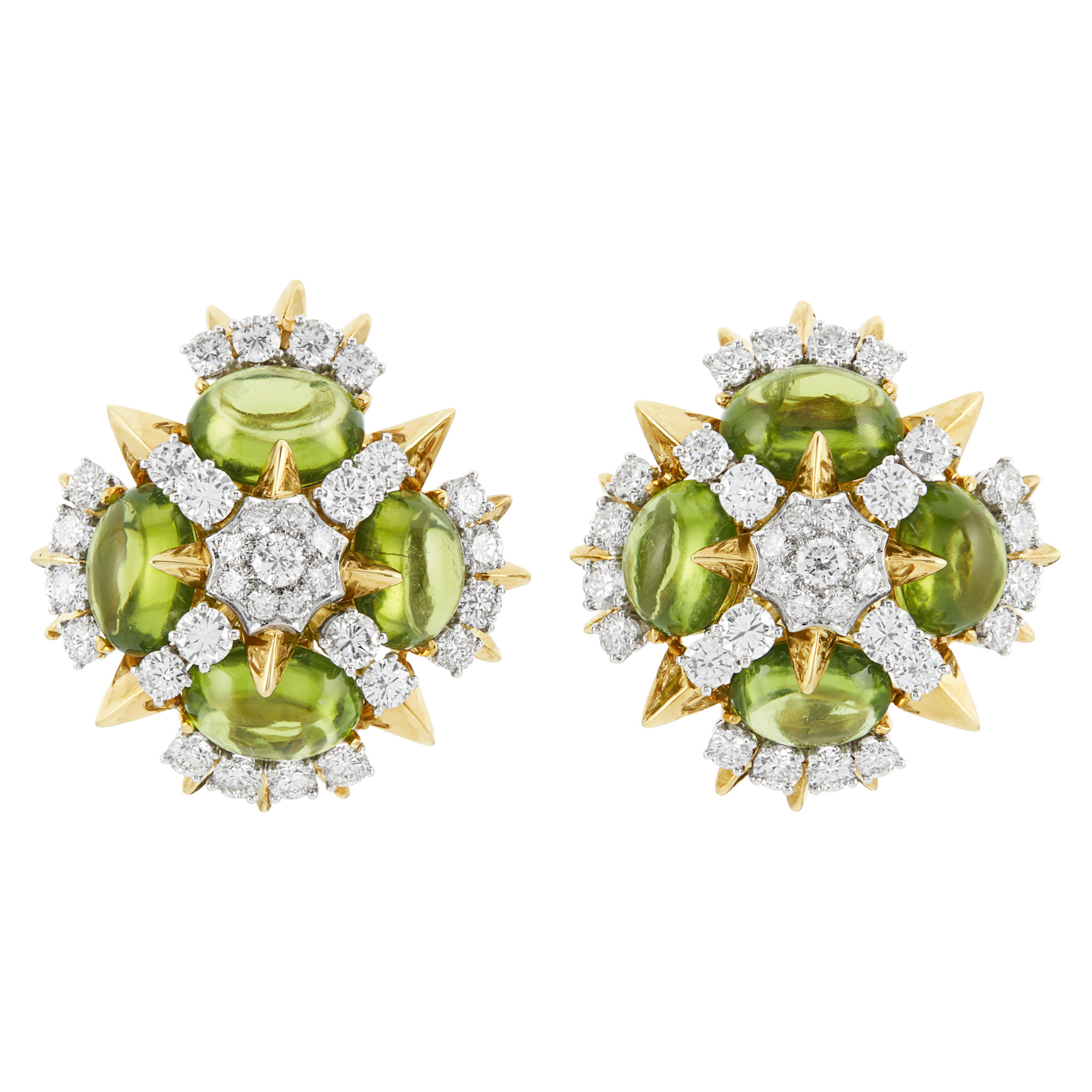 Lot image - Pair of Gold, Platinum, Peridot and Diamond Earclips, Tiffany & Co.