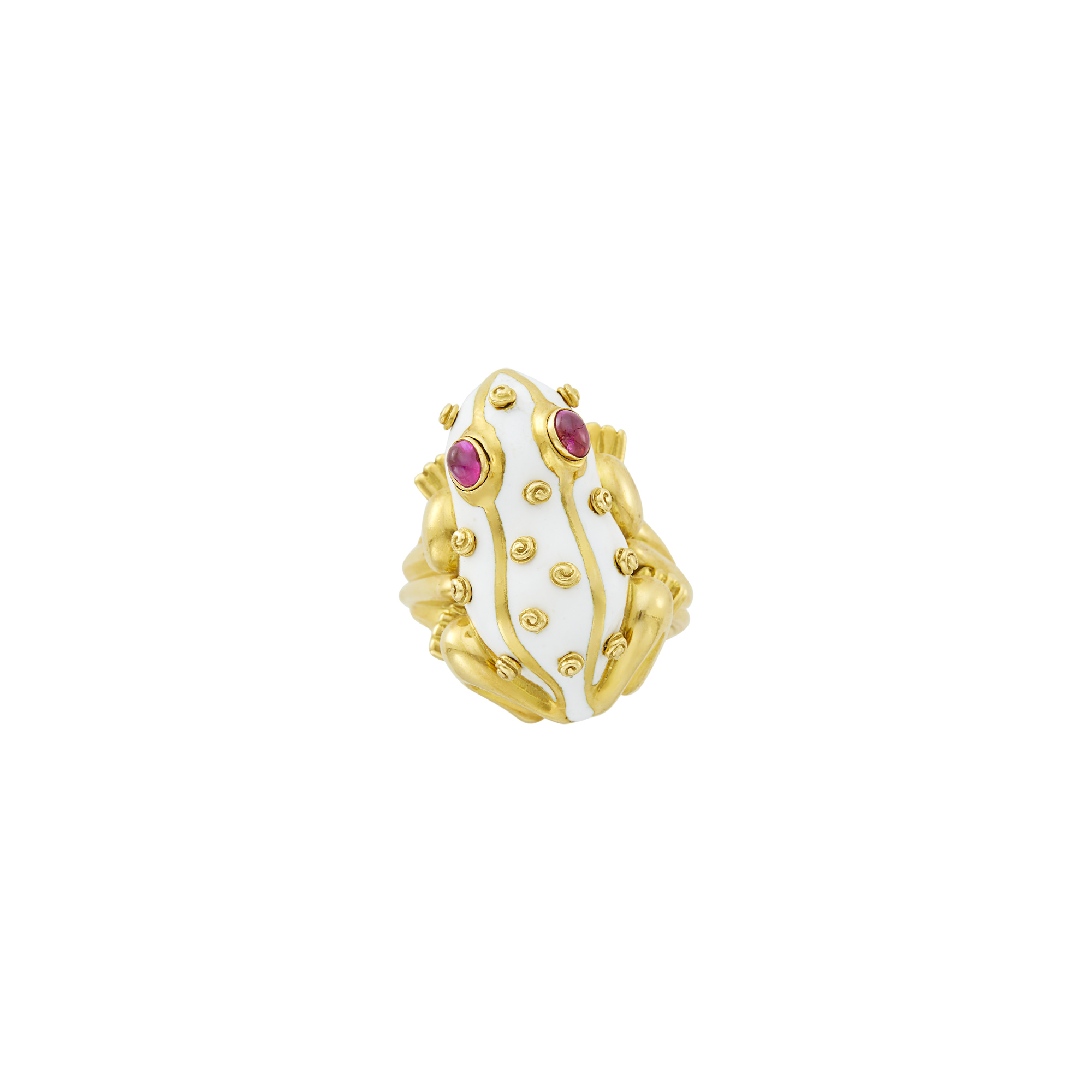 Lot image - David Webb Gold, White Enamel and Cabochon Ruby Frog Ring