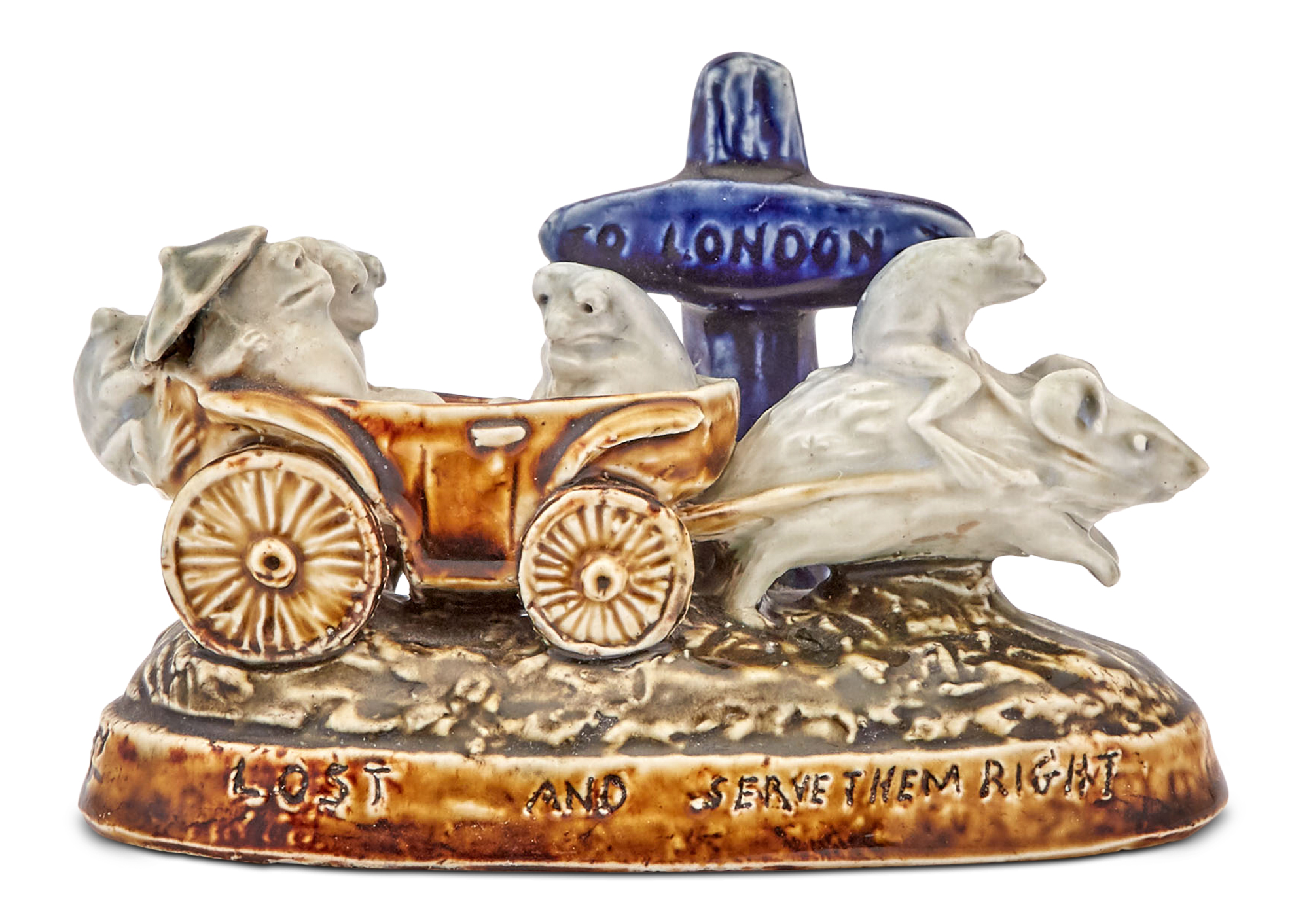 Lot image - Doulton Lambeth Stoneware Mouse and Frog Group Menu Holder Titled Lost and Serves them Right