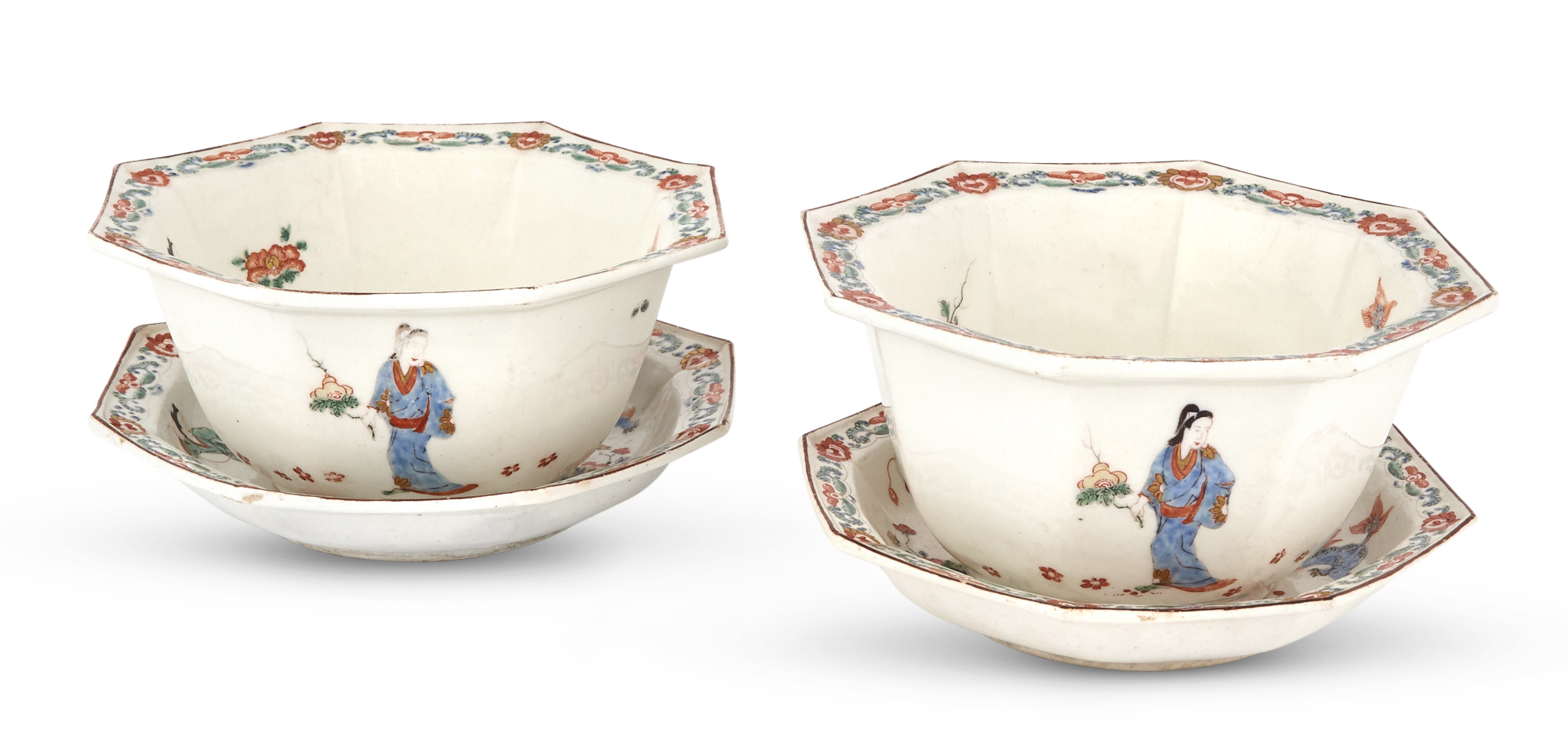 Lot image - Pair of Bow Porcelain Kakiemon Octagonal Bowls and Stands