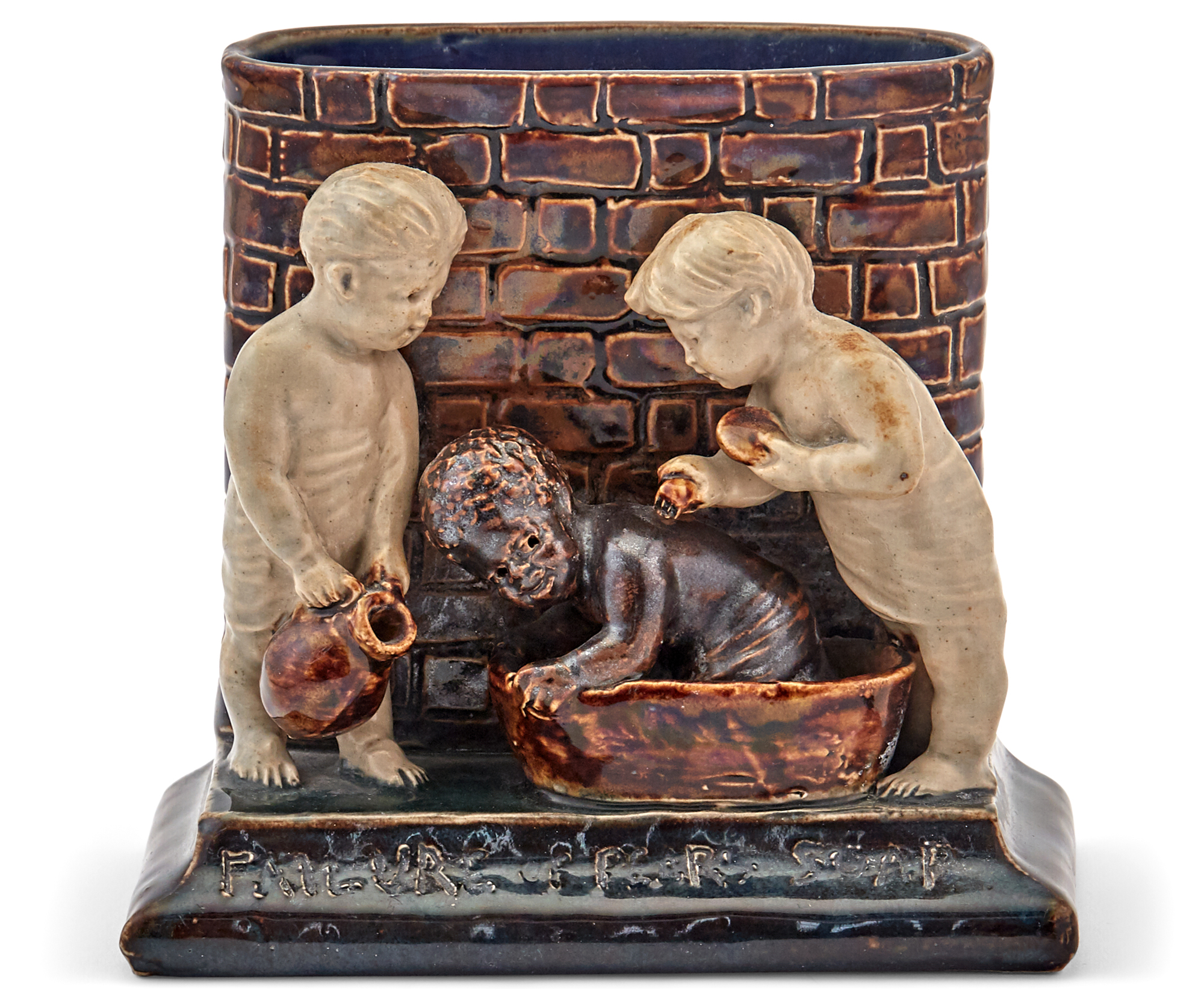 Lot image - Doulton Lambeth Stoneware Group Spill Vase Titled Failure of Pears Soap