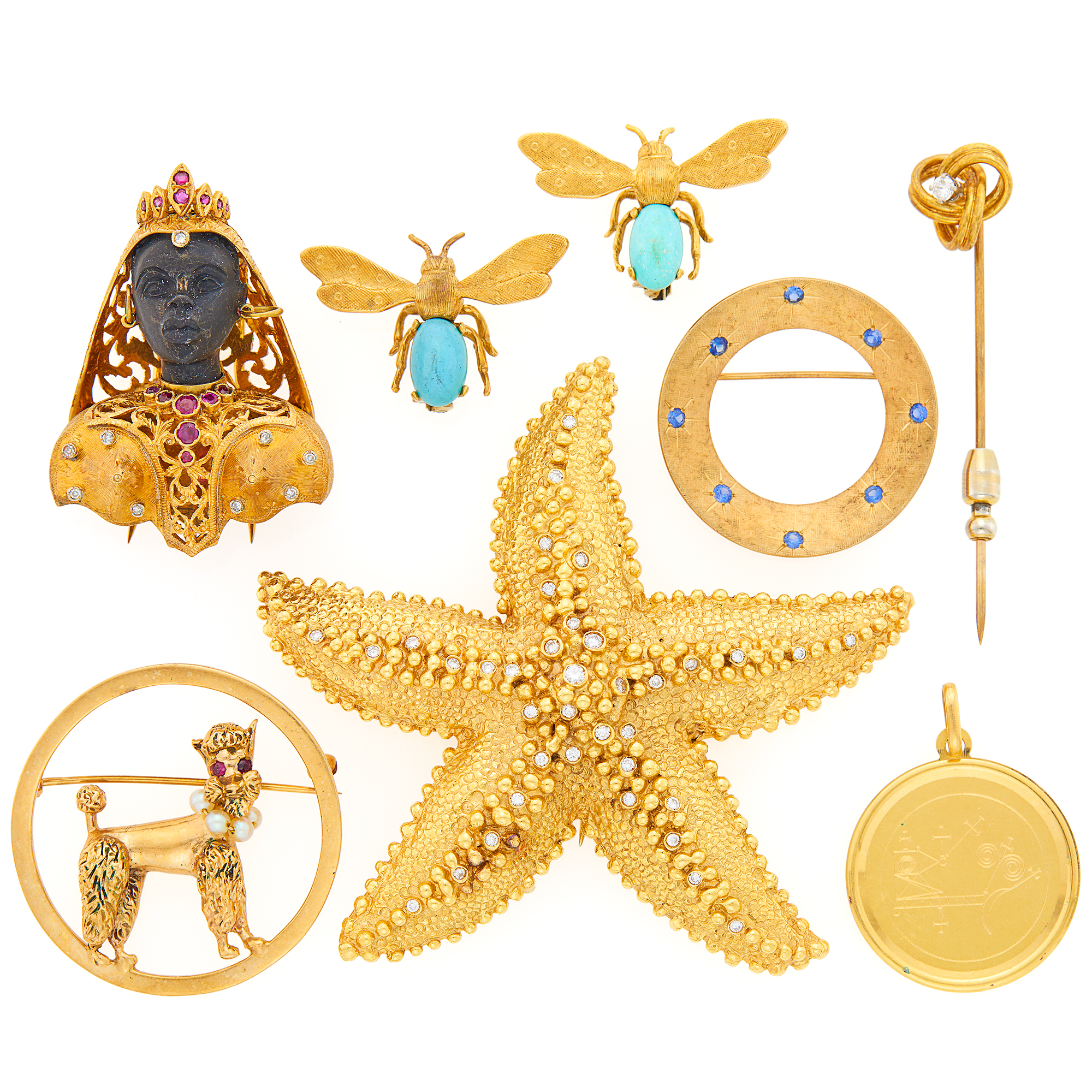 Lot image - Six Gold, Diamond and Gem-Set Brooches, Stick Pin and Pendant