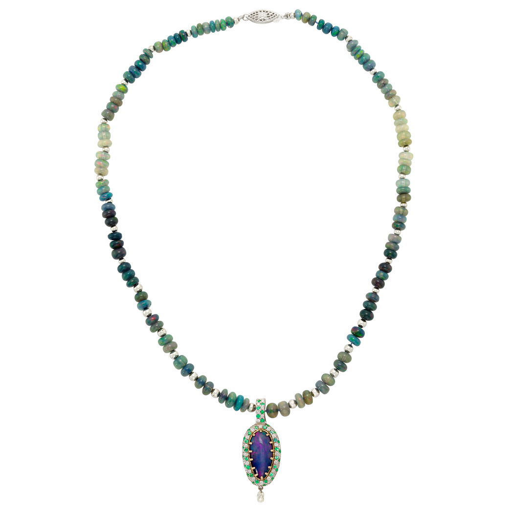 Lot image - White Gold, Opal Bead, Tourmaline and Diamond Pendant-Necklace