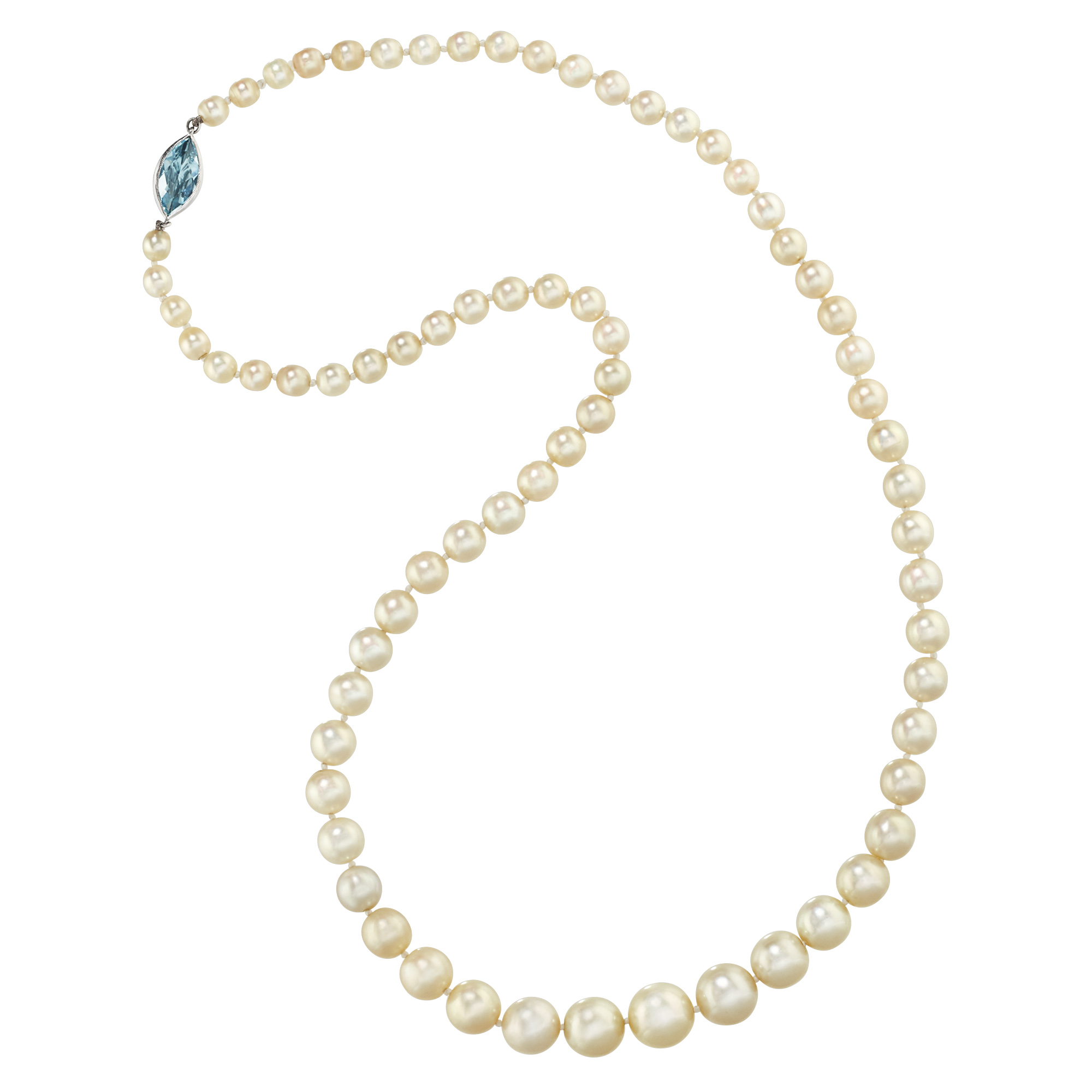Lot image - Graduated Natural Pearl Necklace with Platinum and Aquamarine Clasp