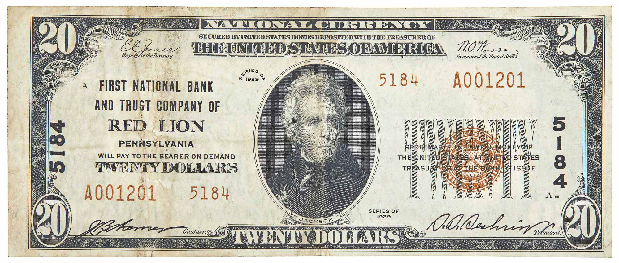 Lot image - United States $20 Small Size National Red Lion PA Charter 5184