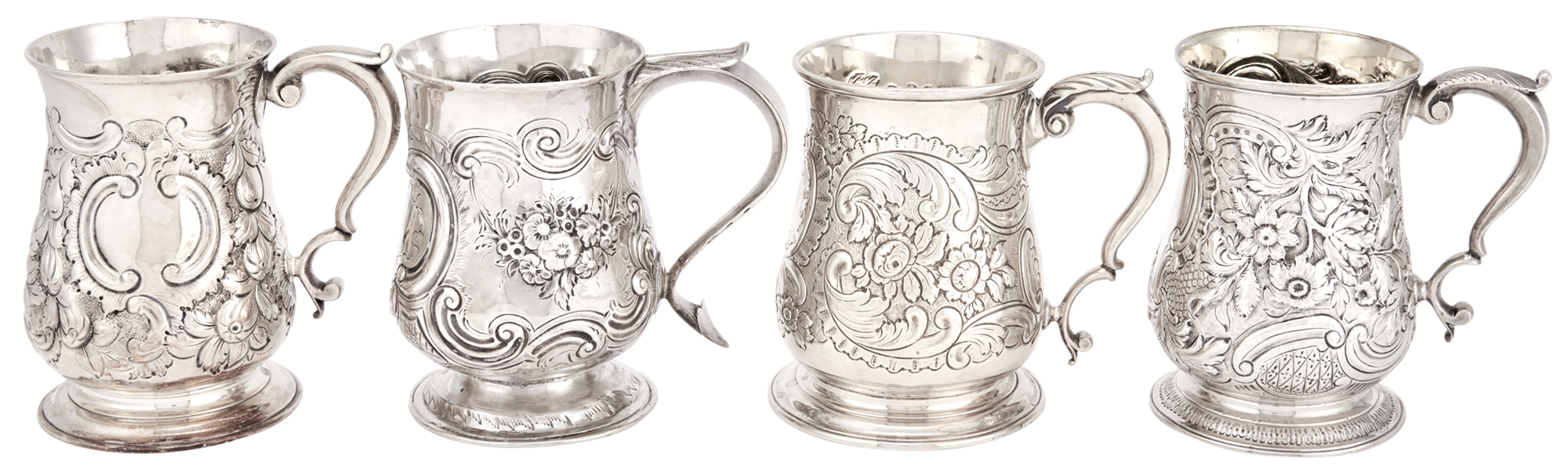 Lot image - Four George II/III Sterling Silver Mugs    Various makers, London, 1750-1773  Each of baluster-form with later chased foliate scrolls.  Height of largest 5 inches (12.8 cm), total approximately ounces.
