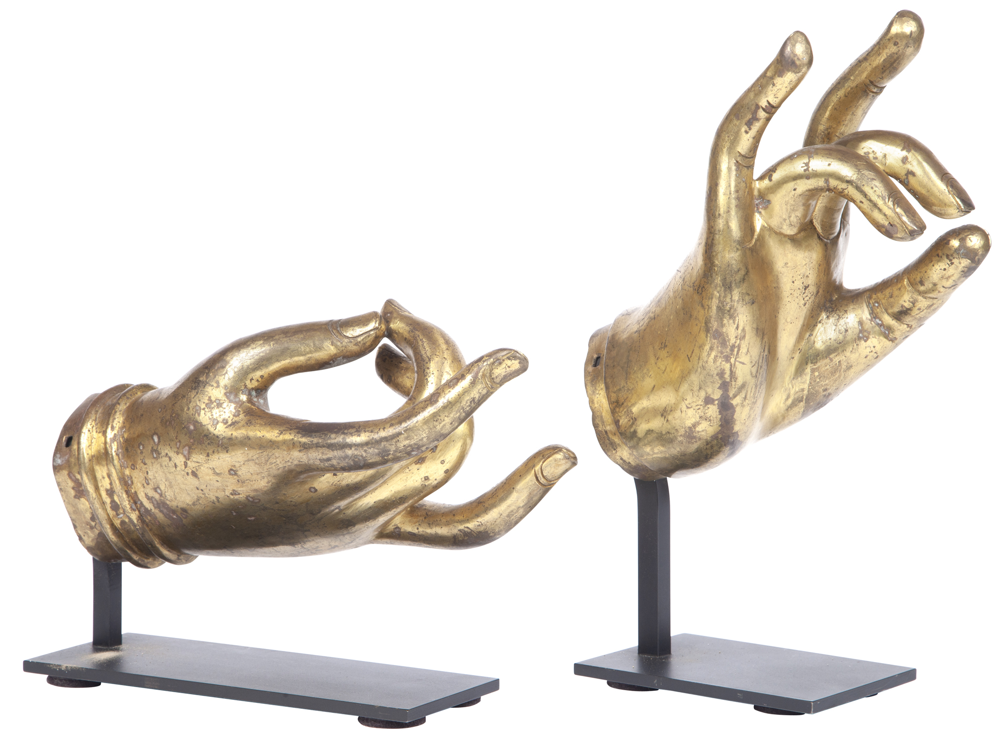 Lot image - Two Southeast Asian Gilt Patinated Metal Hands of Buddha