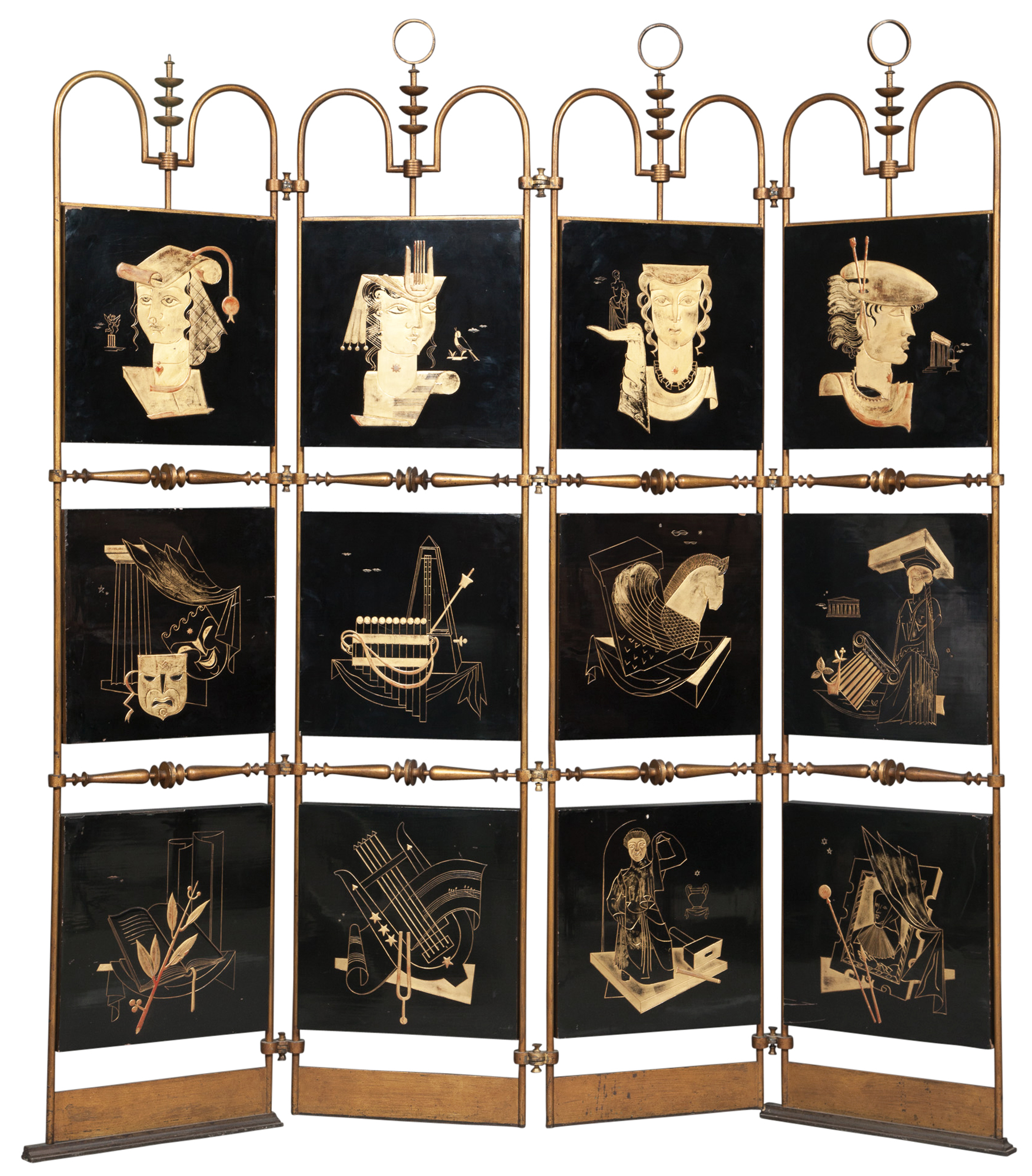 Lot image - French Art Deco Gilt and Black Lacquered and Gilt Metal Four-Panel Screen