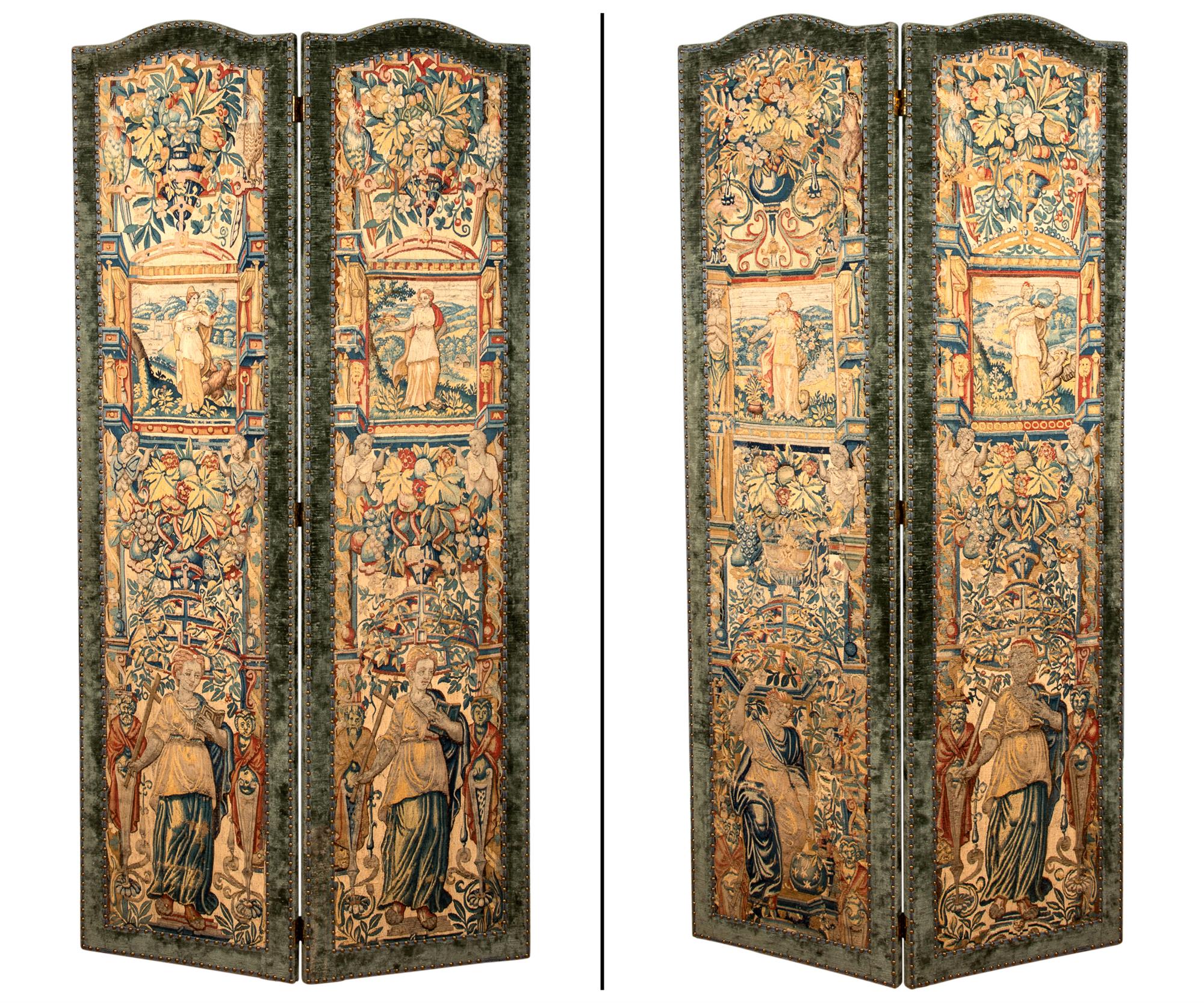 Lot image - Two Part Four-Fold Flemish Style Tapestry Screen
