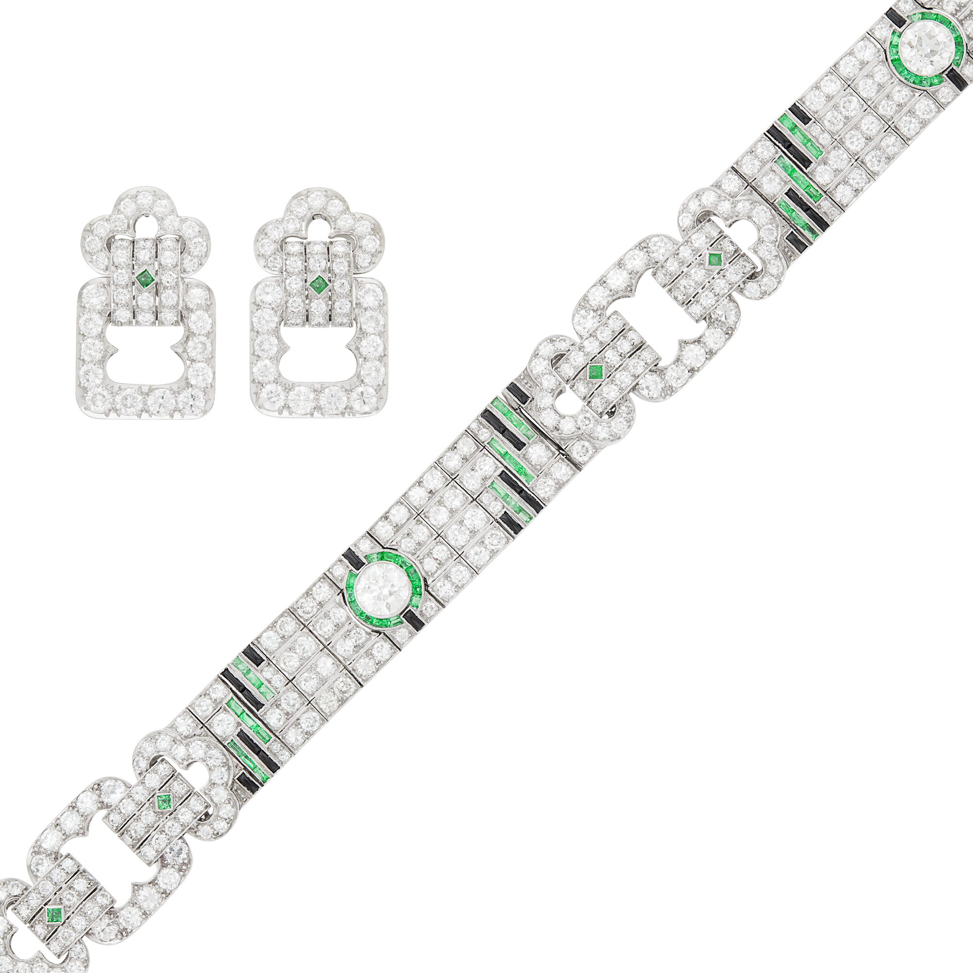 Lot image - Platinum, Diamond, Emerald and Black Onyx Bracelet and Pair of Diamond and Emerald Earrings