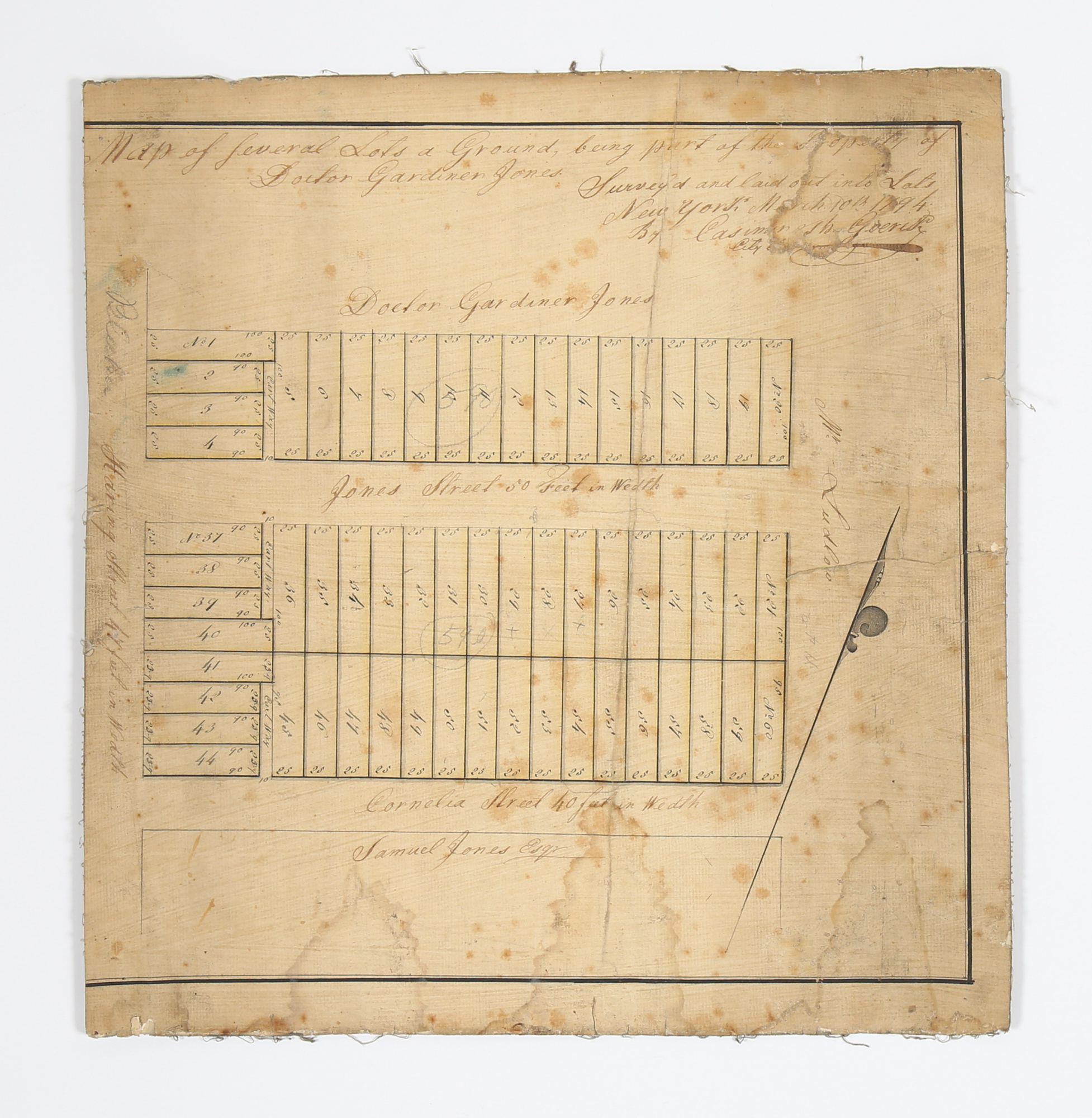 Lot image - [GREAT JONES STREET]  GOERCK, CASIMIR THEODOR. Map of Several Lots of Ground being part of the Property of Doctor Gardiner Jones.