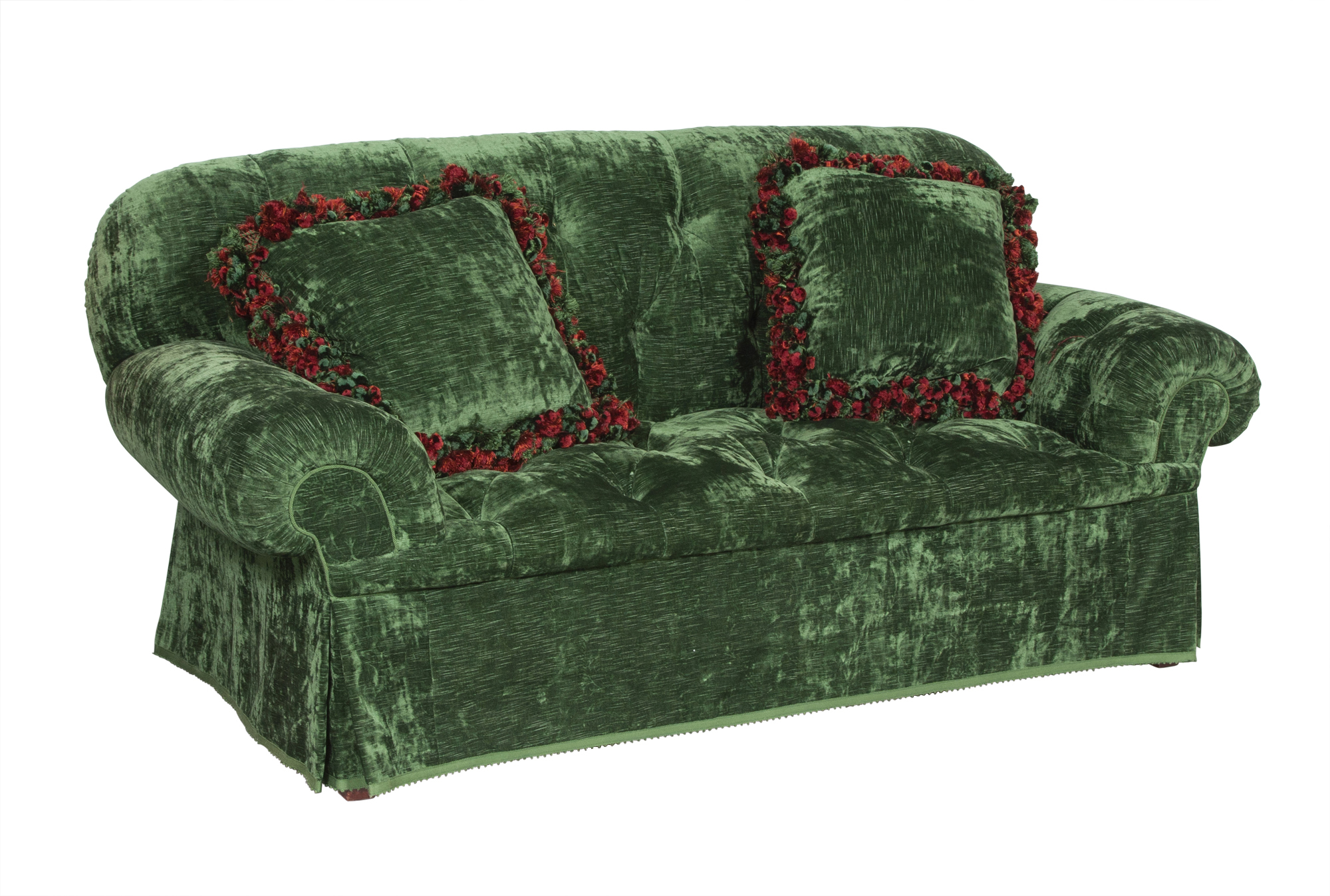 Lot image - Green Velvet Tufted Sofa and Two Green Velvet Cushions