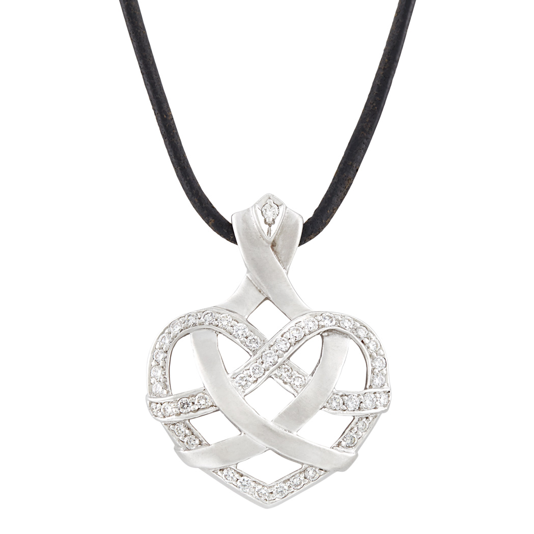 Lot image - White Gold and Diamond Heart Pendant with Black Cord Necklace