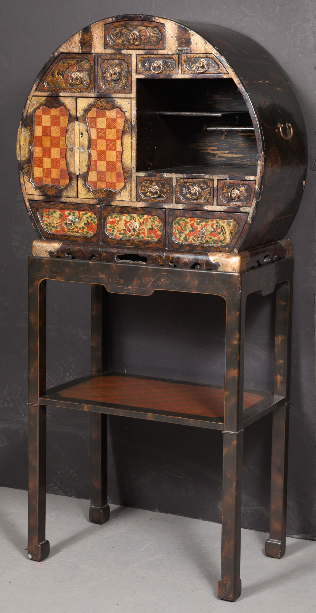 Lot image - Japanese Lacquer and Copper-Mounted Cabinet on Later Stand