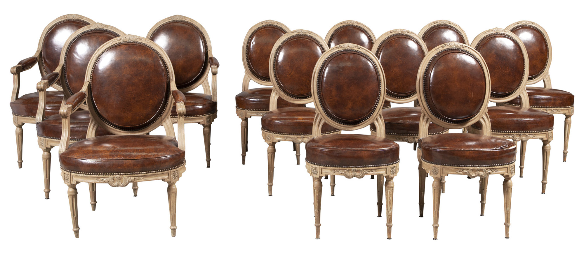 Lot image - Assembeld Set of Thirteen Louis XVI Painted Dining Chairs