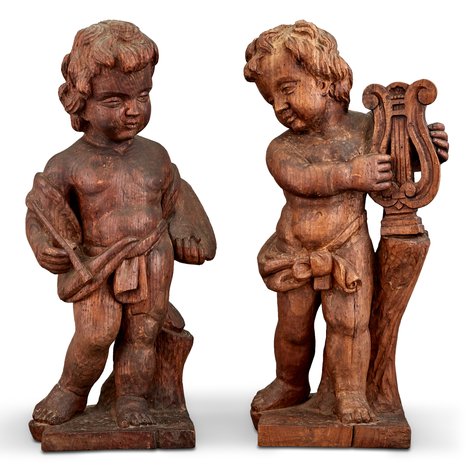 Lot image - Pair of Continental Rococo Style Carved Walnut Figures of Musicians
