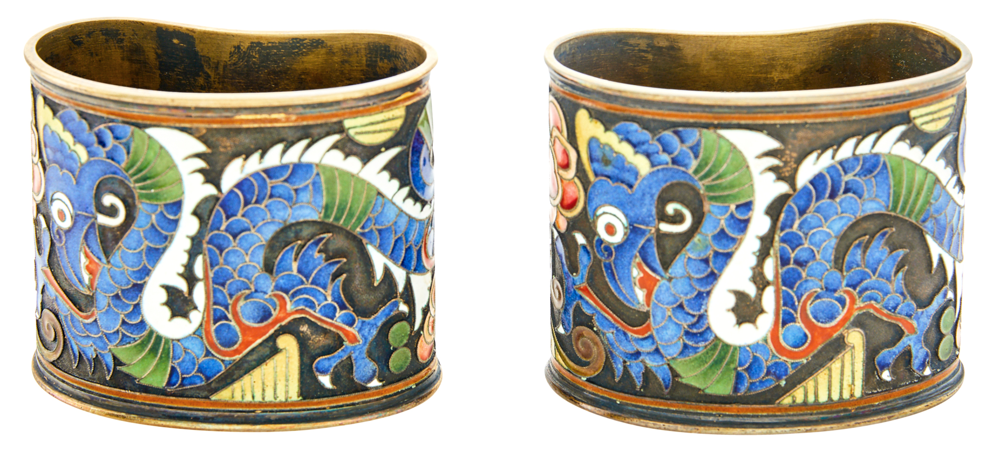Lot image - Pair of Russian Silver-Gilt and Cloisonné Enamel Napkin Rings