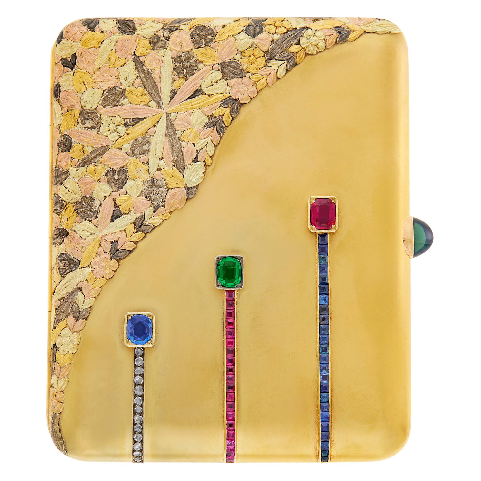 Lot image - Russian Varicolored Gold, Diamond, Sapphire and Synthetic Colored Stone Cigarette Case