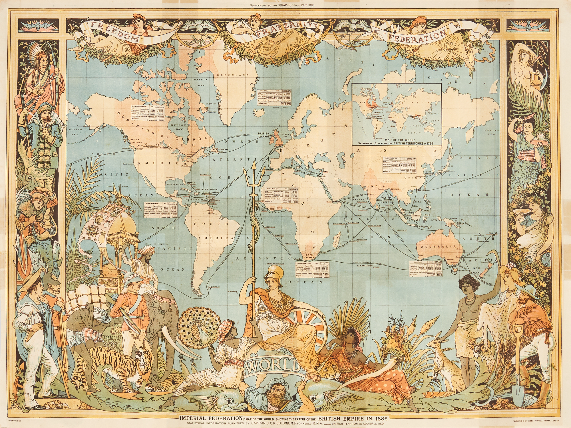 Lot image - [MAP-WORLD]  [CRANE, WALTER]. Imperial Federation, Map of the World Showing the Extent of the British Empire in 1886.