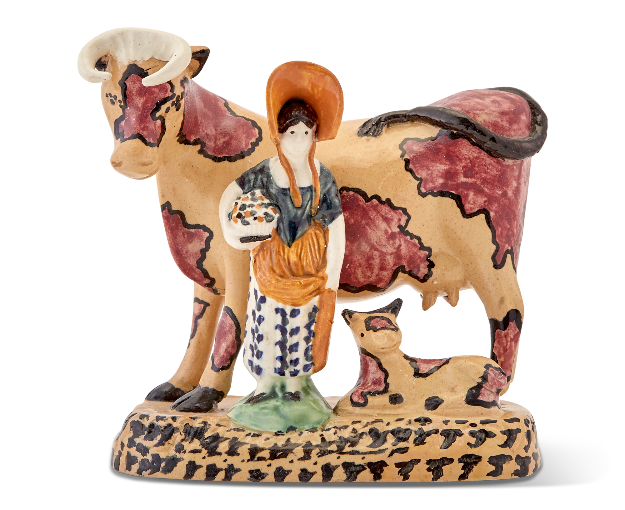Lot image - Prattware Figure of a Cow with Calf and Girl