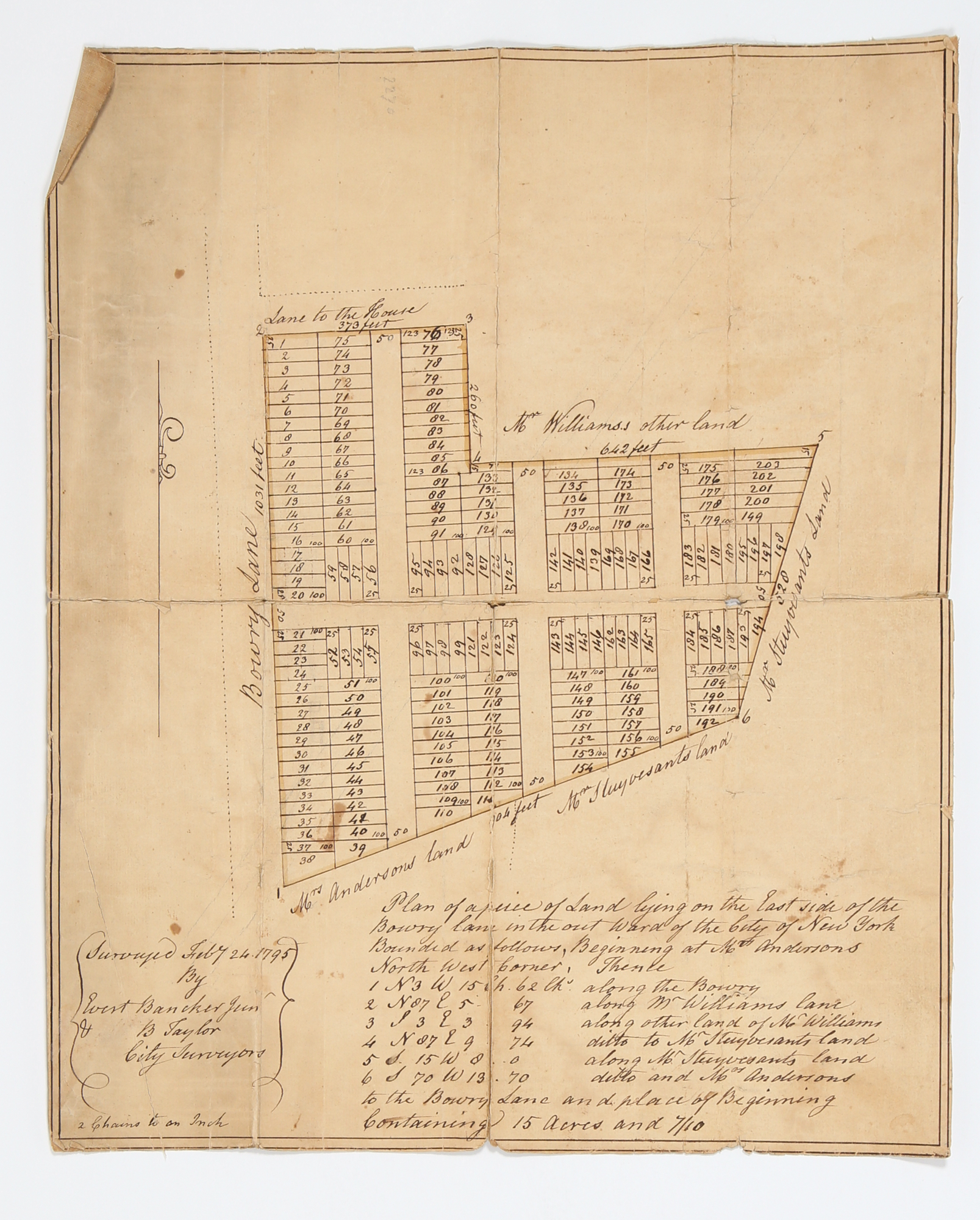Lot image - [BOWERY LANE]  BANCKER Jr., EVERT and TAYLOR, B. An original late 18th century survey map of Bowery Lane.