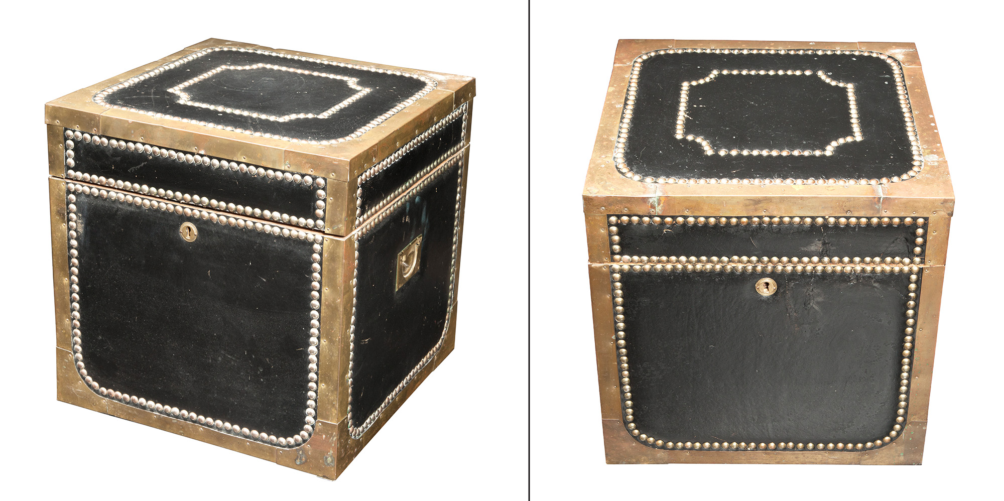 Lot image - Pair of Black Leather-Covered and Brass Nailhead Trunks