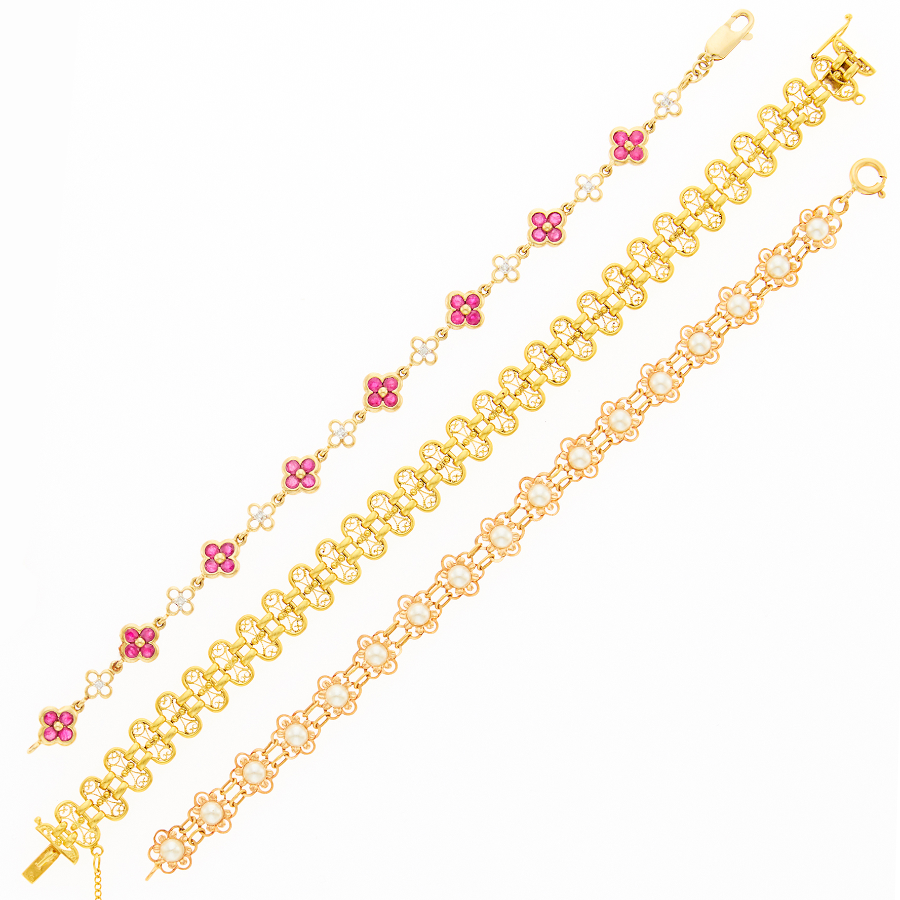 Lot image - Three Yellow and Rose Gold, Simulated Mabé Pearl, Ruby and Diamond Bracelets