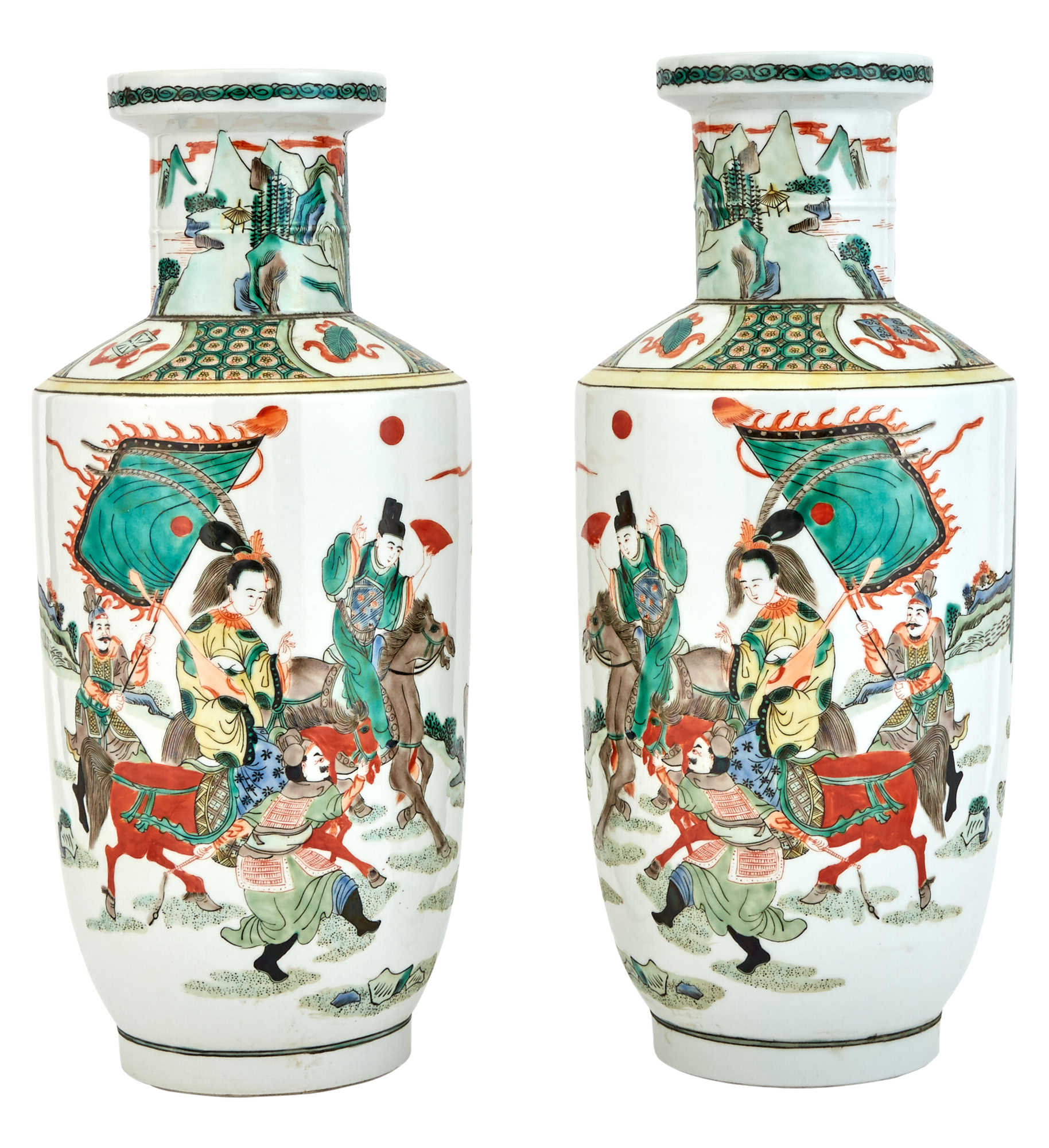 Lot image - Pair of Chinese Famille Verte Porcelain Rouleau Vases