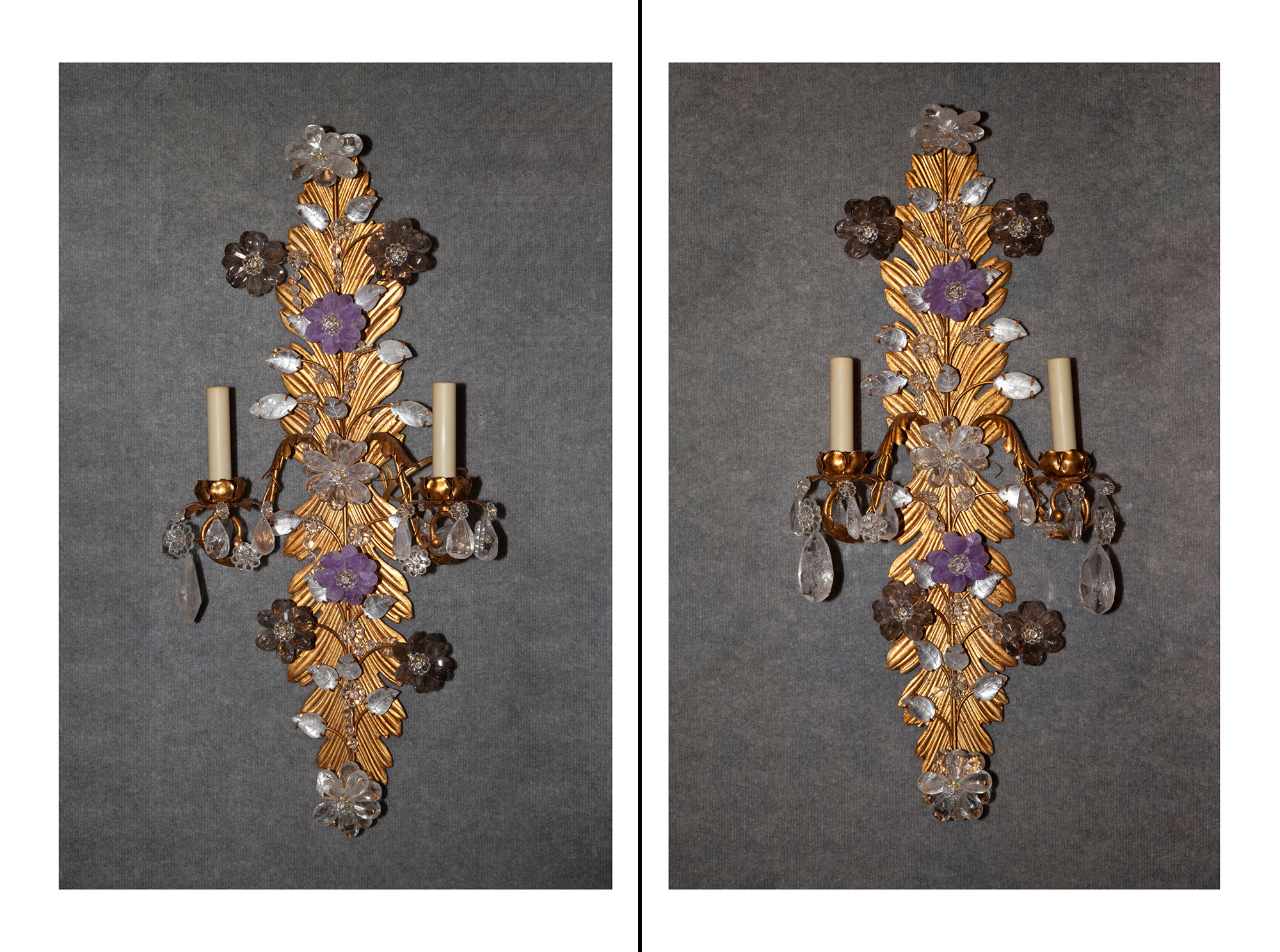 Lot image - Pair of Gilt-Metal, Glass and Rock Crystal Two-Light Sconces
