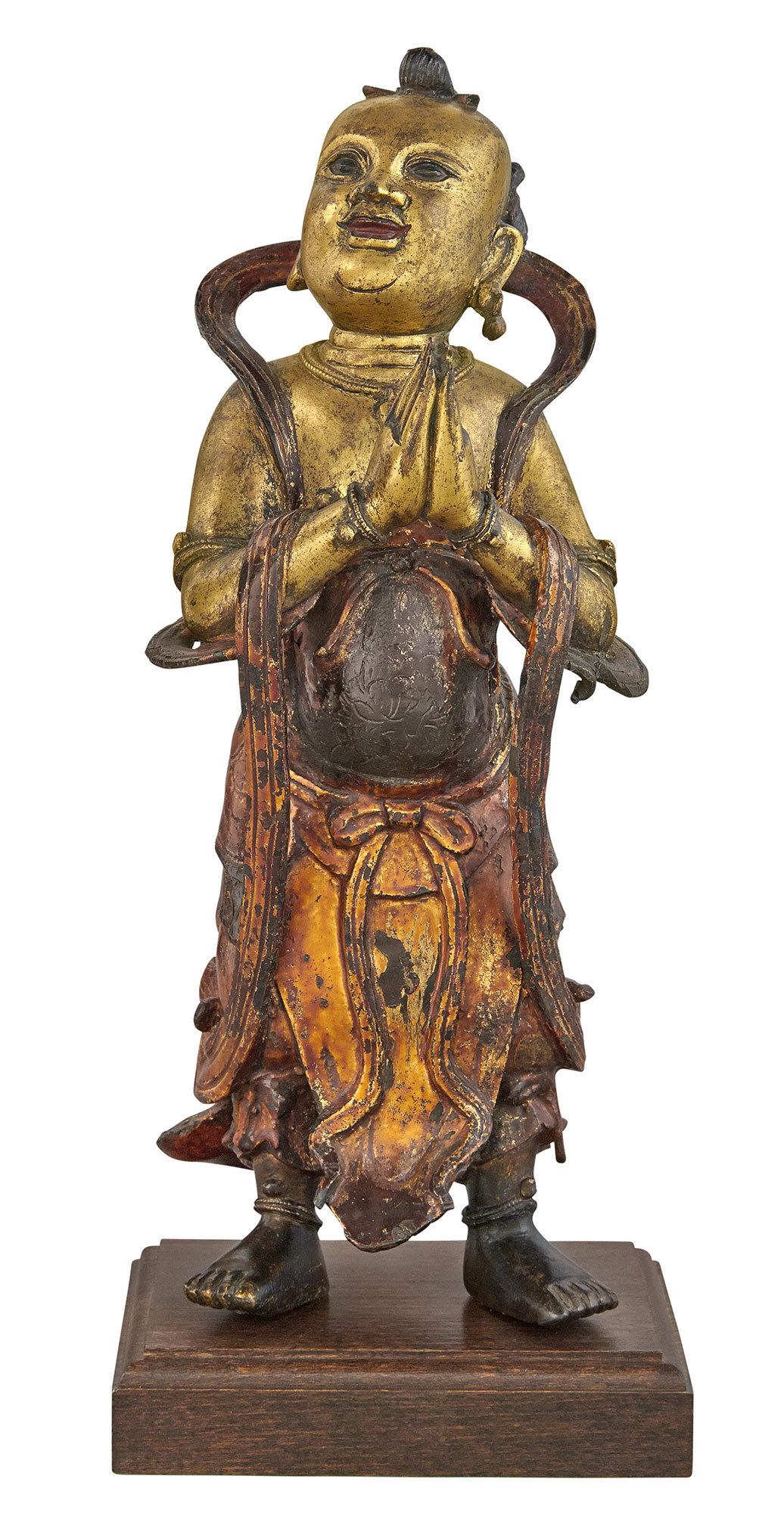 Lot image - Chinese Lacquered and Gilt-Bronze Figure of an Acolyte