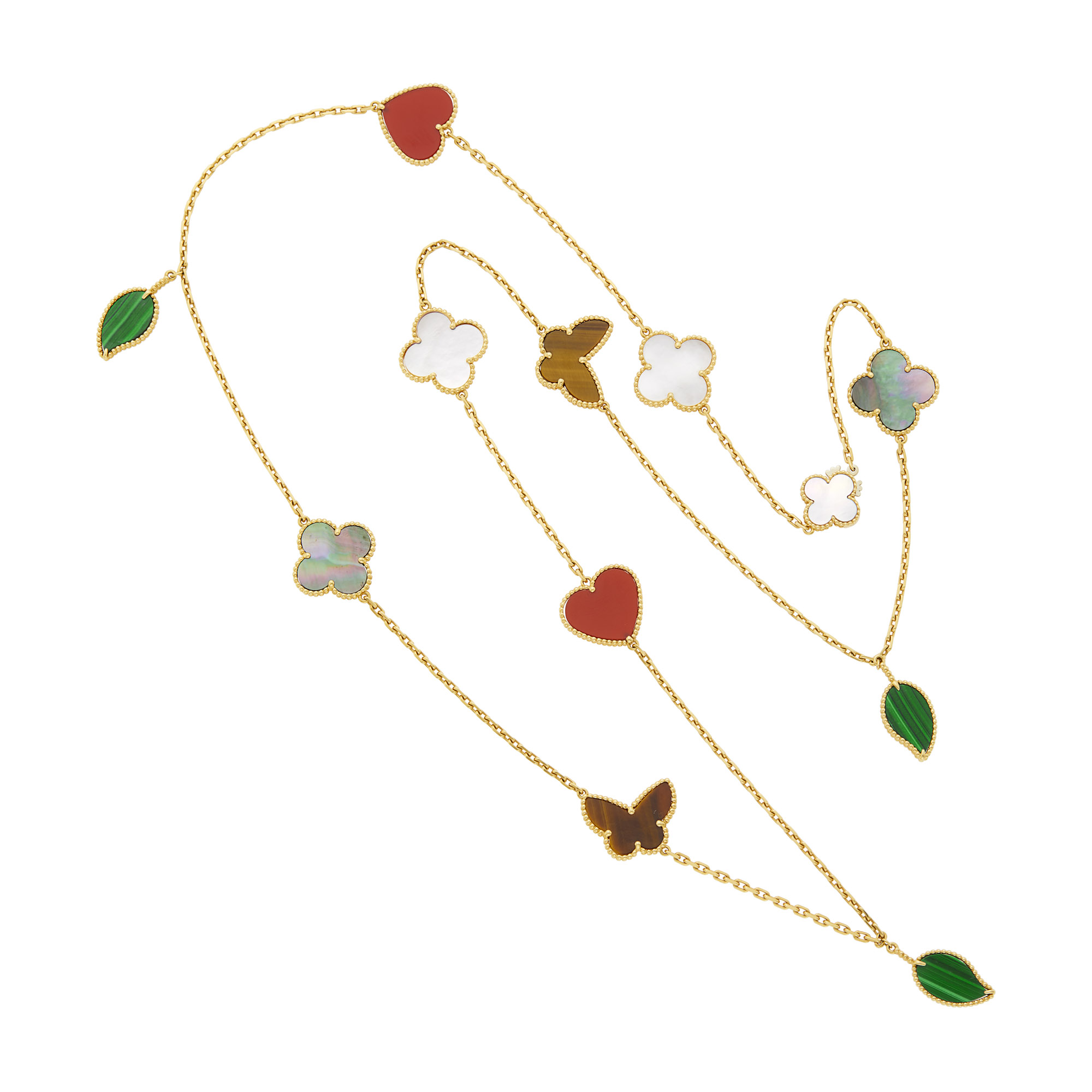 Lot image - Van Cleef & Arpels Long Gold Mother-of-Pearl and Hardstone Lucky Alhambra Necklace, France