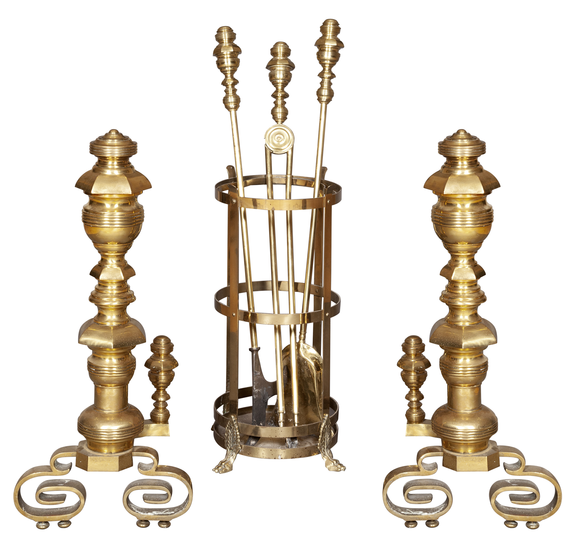 Lot image - Pair of Large Brass Andirons, Set of Three Gilt Bronze Tools and Stand