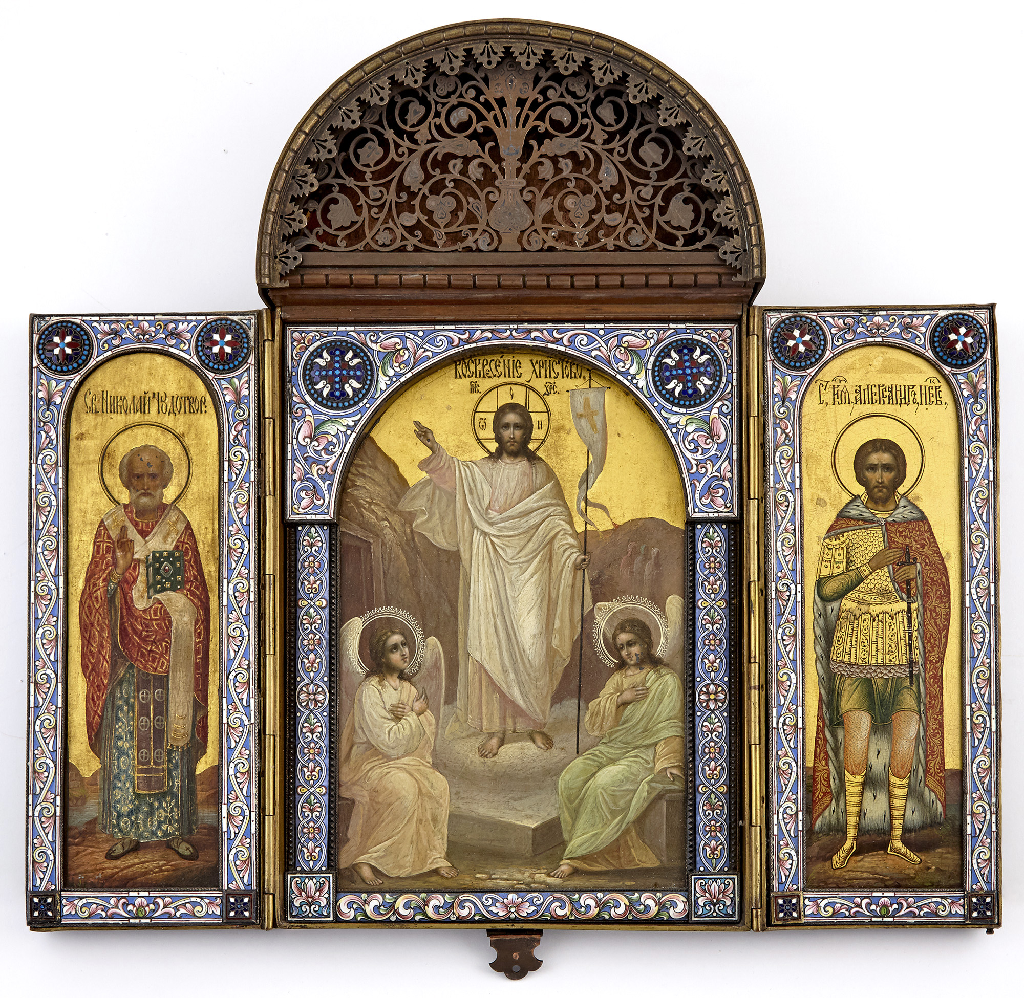 Lot image - Russian Patinated Metal and Cloisonné Enamel Triptych Icon