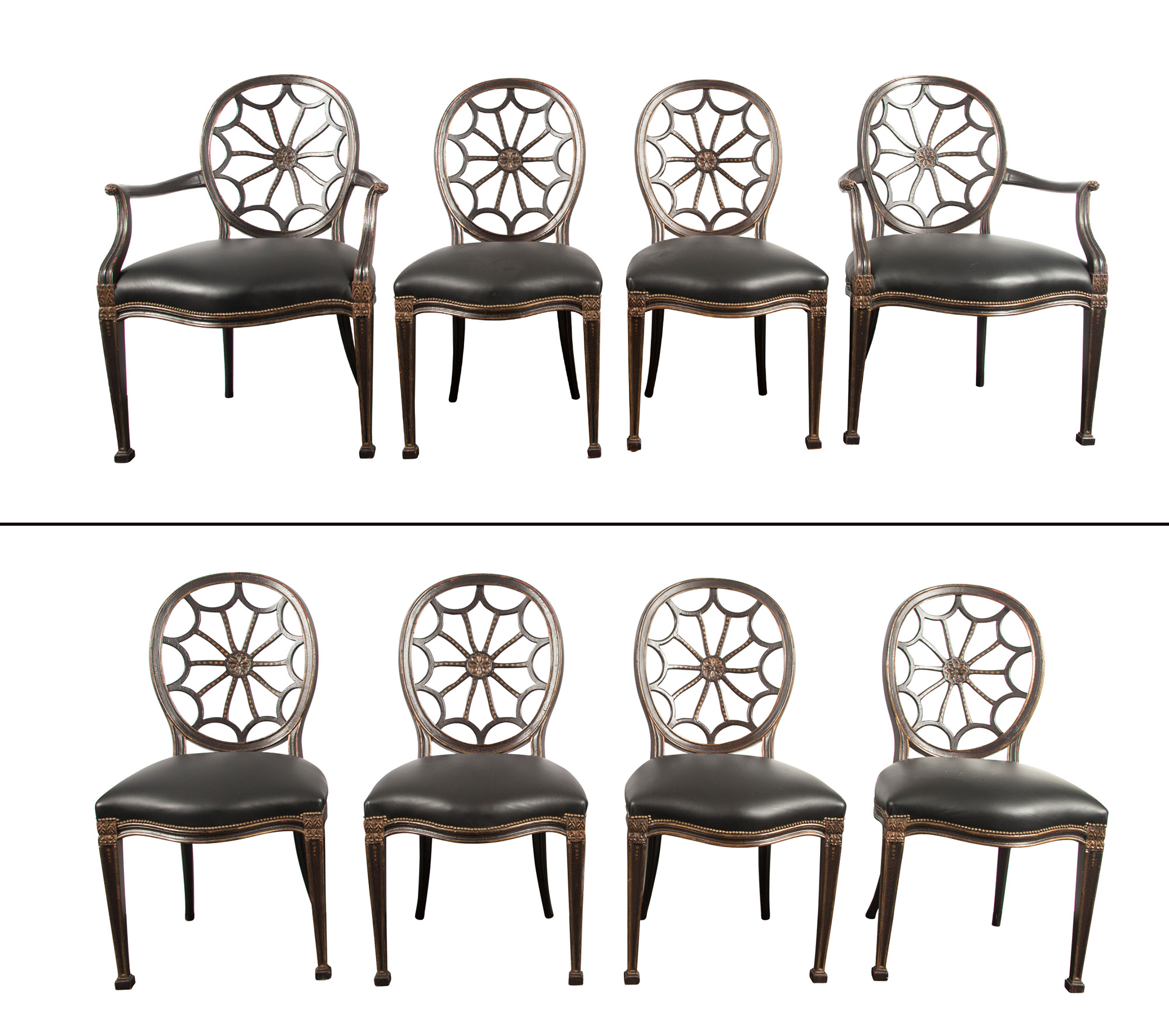 Lot image - Set of Eight George III Style Painted and Parcel-Gilt Dining Chairs, Including Two Armchairs