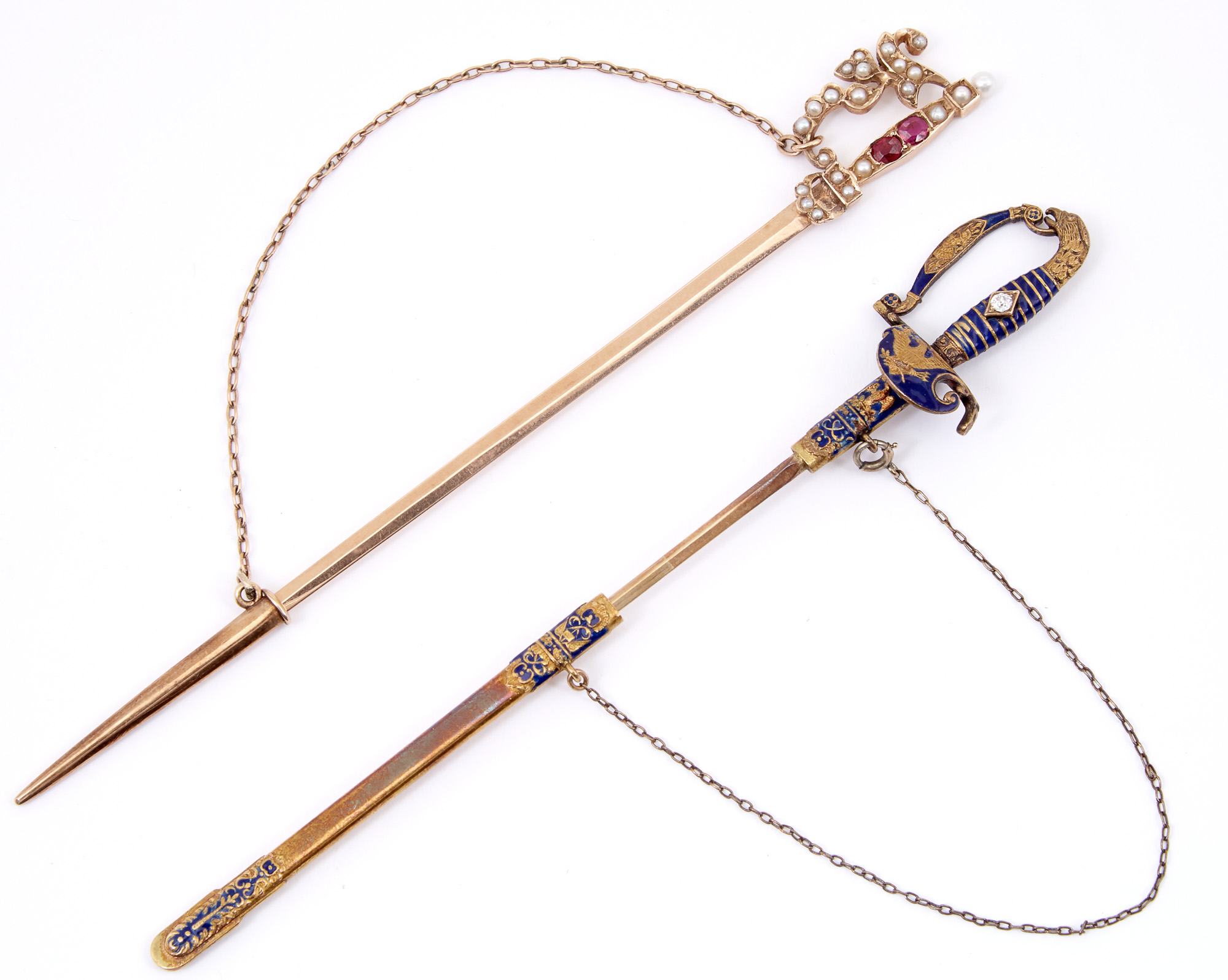 Lot image - Two Jeweled and Enameled Gold and Gilt-Metal Miniature Swords