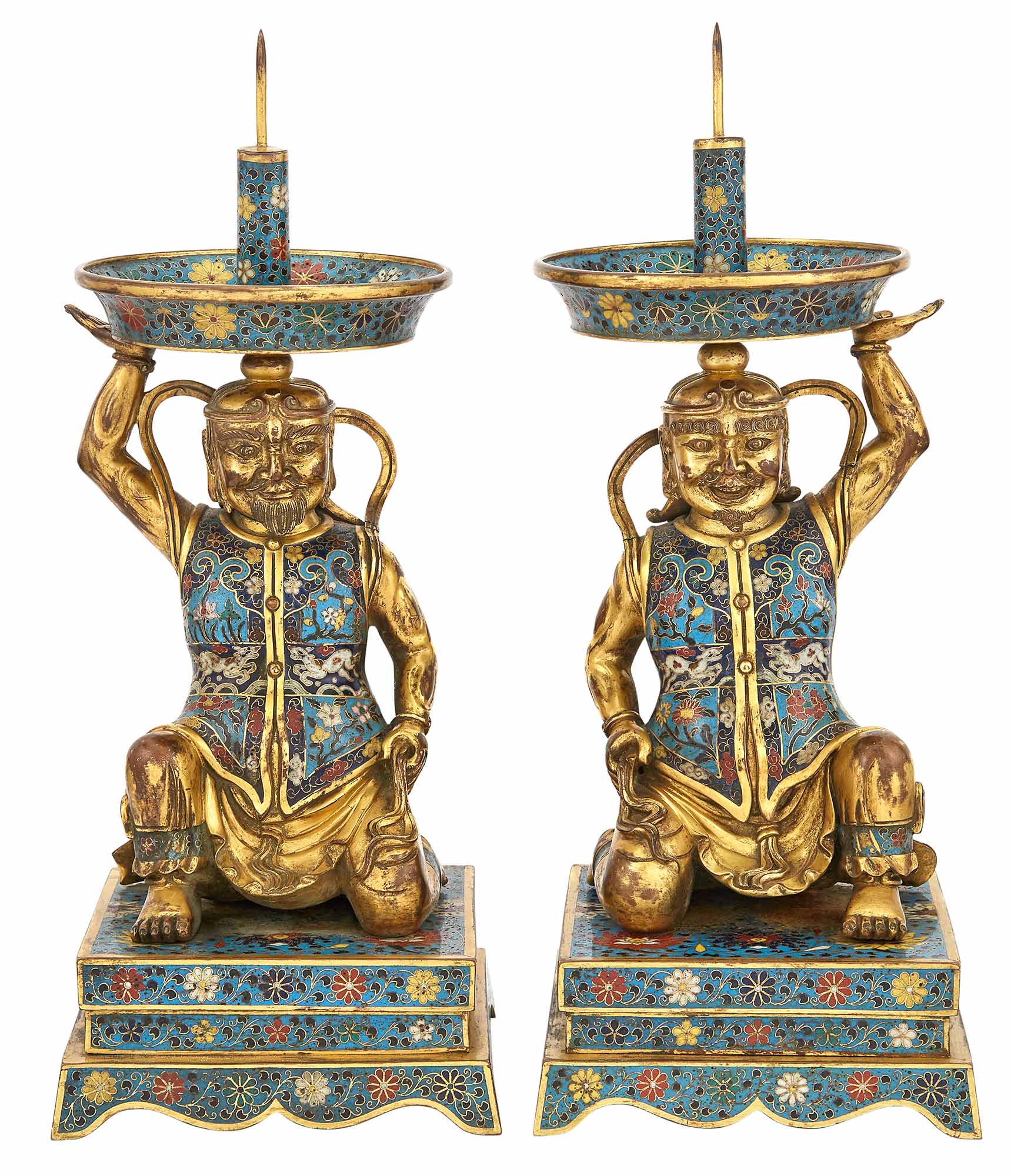 Lot image - Pair of Chinese Cloisonne Enamel and Gilt-Bronze Foreigner Candle Prickets