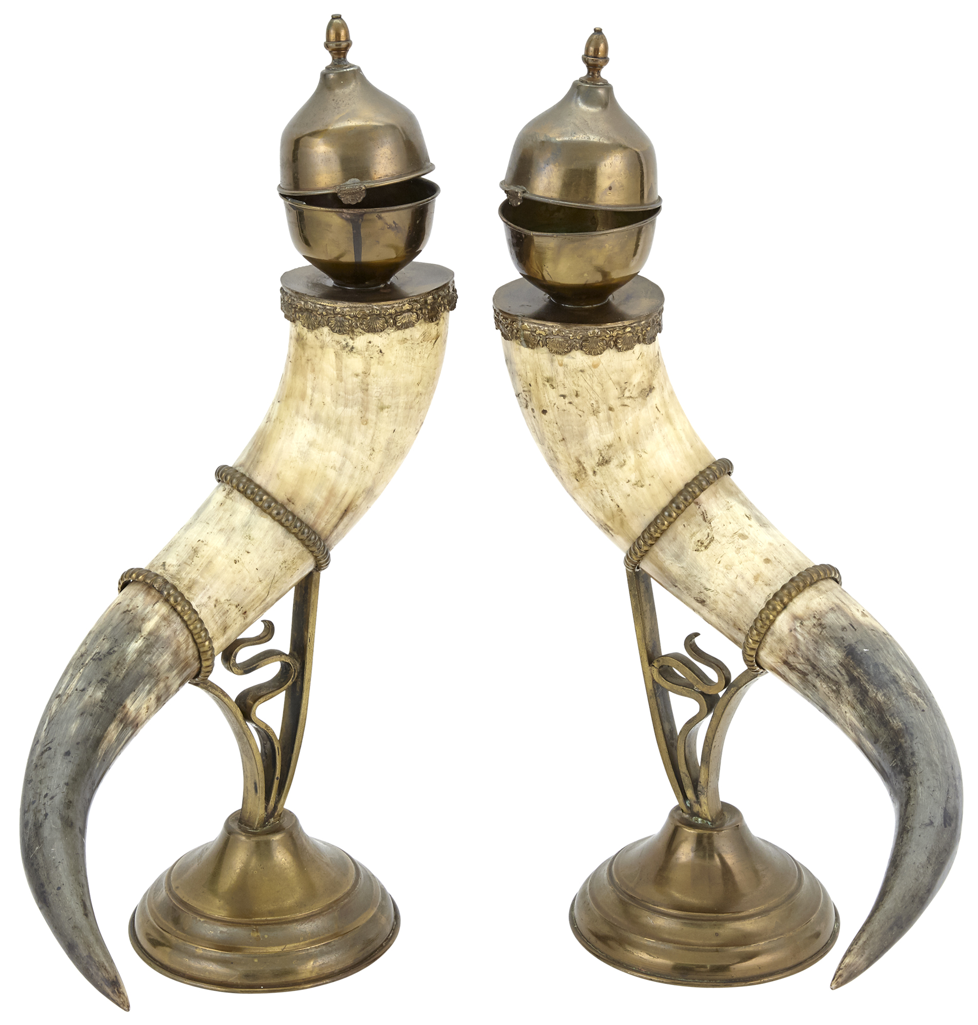 Lot image - Pair of Continental Gilt-Metal Mounted Horns