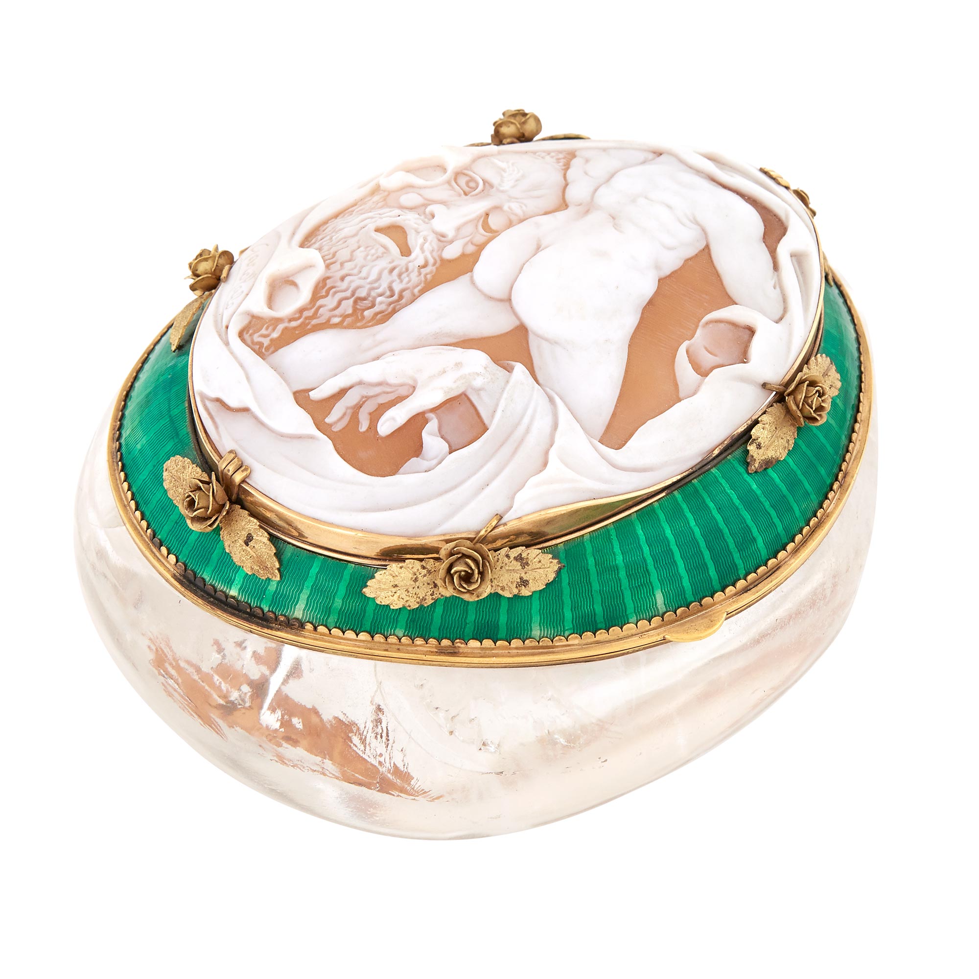 Lot image - Gold-Mounted and Guilloché Enamel Rock Crystal Covered Box