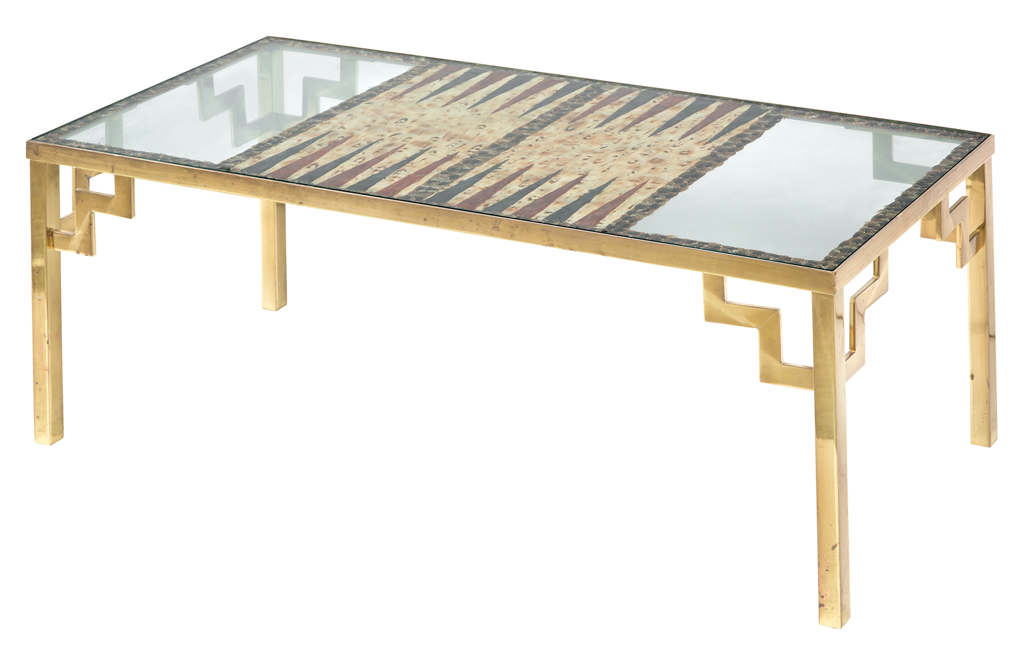 Lot image - Karl Springer Feather-Inset Glass and Brass Low Backgammon Table