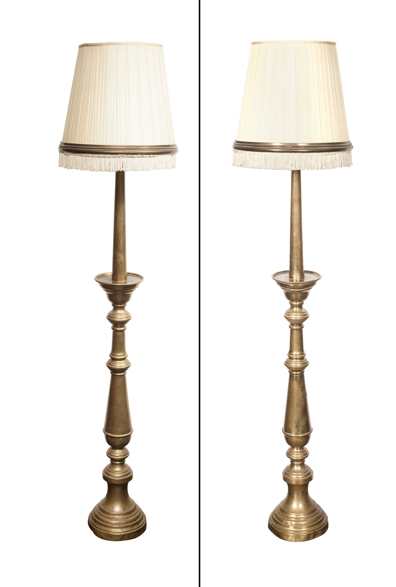 Lot image - Pair of Brass Candlestick Floor Lamps with Brass Mounted Pleated and Fringed Shades