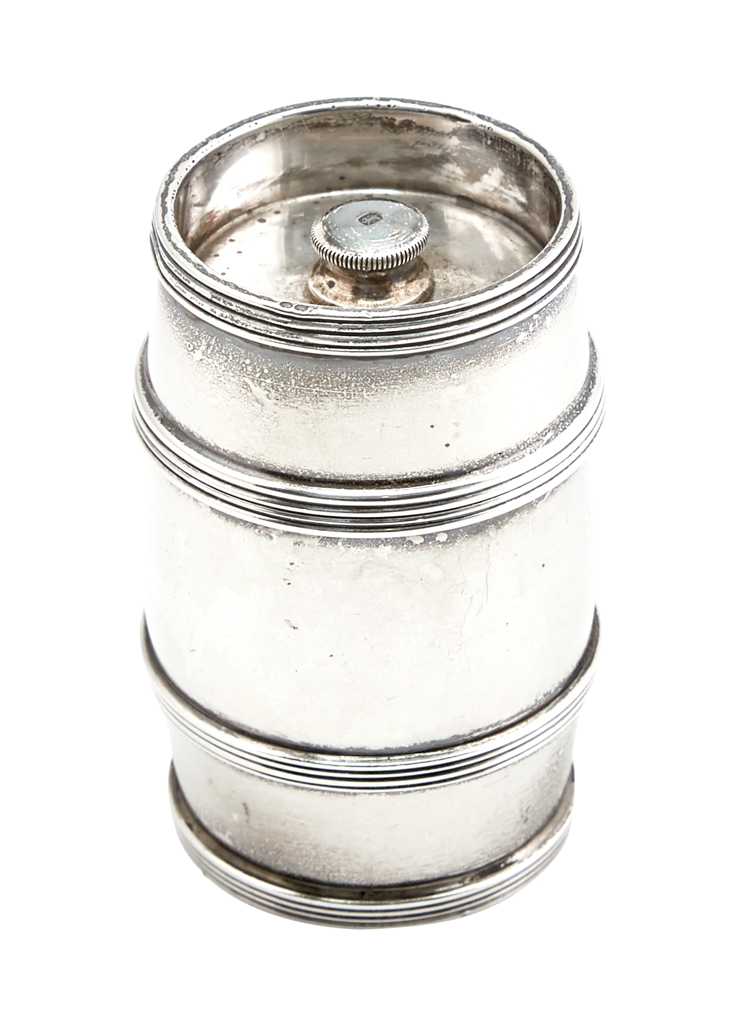 Lot image - English Sterling Silver Novelty Barrel-Form Pepper Grinder