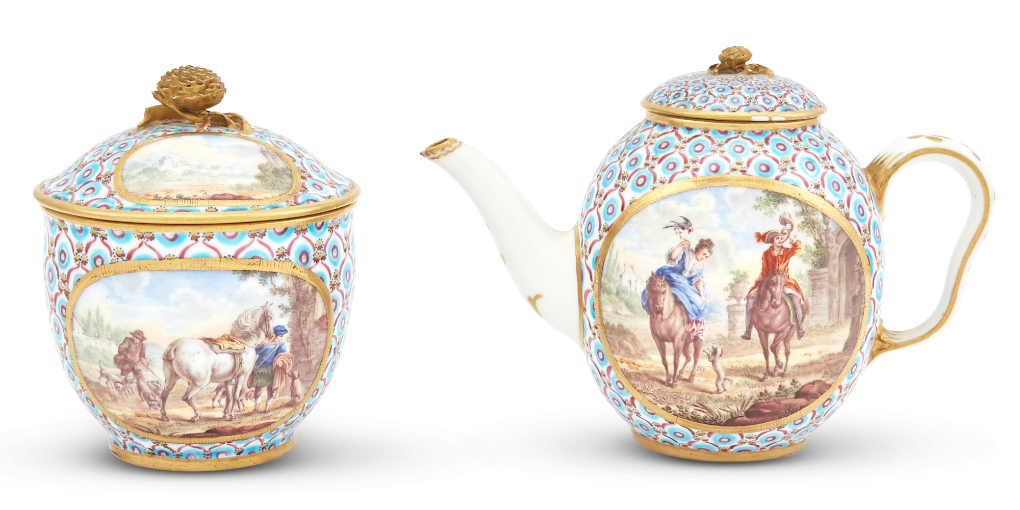 Lot image - Sèvres Porcelain Stylized Peacock Feather Ground Teapot and Cover and Sugar-Bowl and Cover  (Théière Calabre et sa Couvercle; Sucrier Calabre et sa Couvercle)