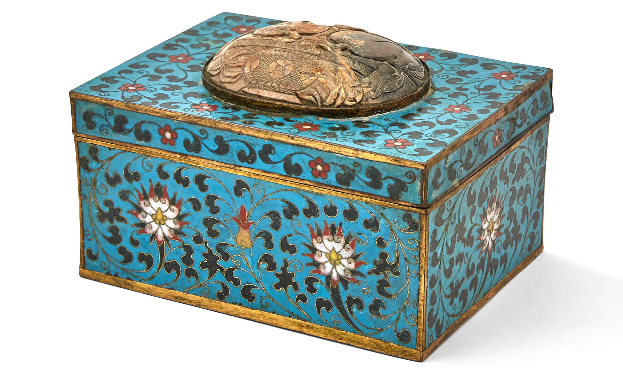 Lot image - A Chinese Cloisonne Enamel Box with Inset Jade Plaque