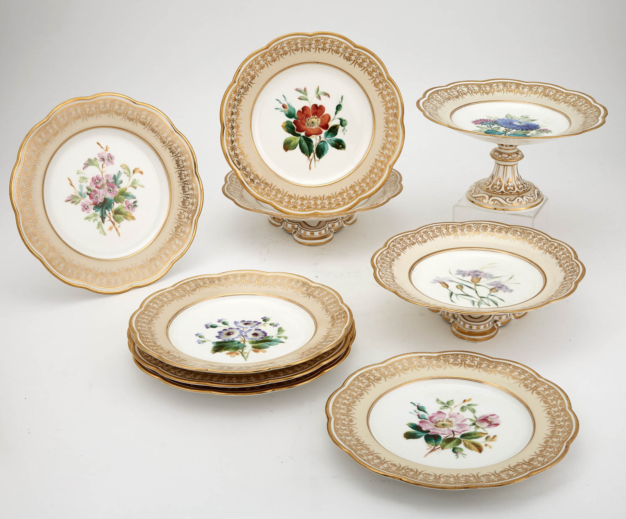 Lot image - Davenport Longport Staffordshire Gilt and Hand-Painted Porcelain Botanical Partial Dessert Service