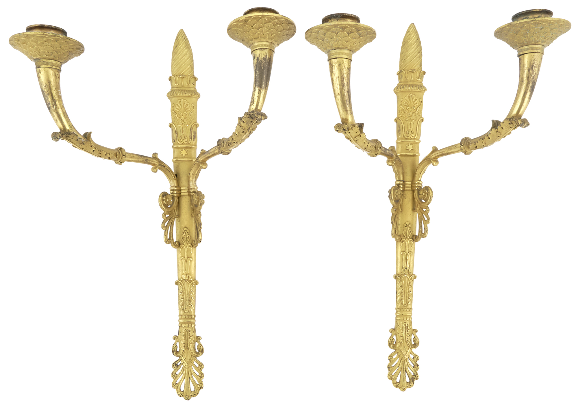 Lot image - Pair of Empire Ormolu Two-Light Wall Lights