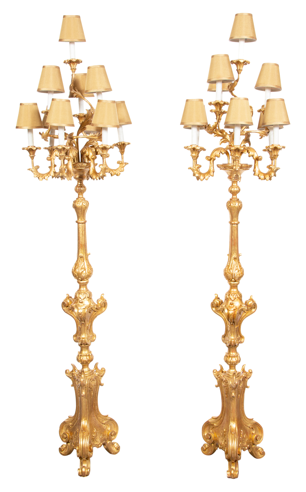 Lot image - Pair of Baroque Style Giltwood Nine-Light Floor Candelabra