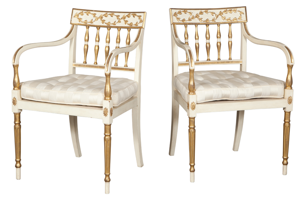 Lot image - Pair of Northern European Neoclassical Painted and Parcel Gilt Open Armchairs